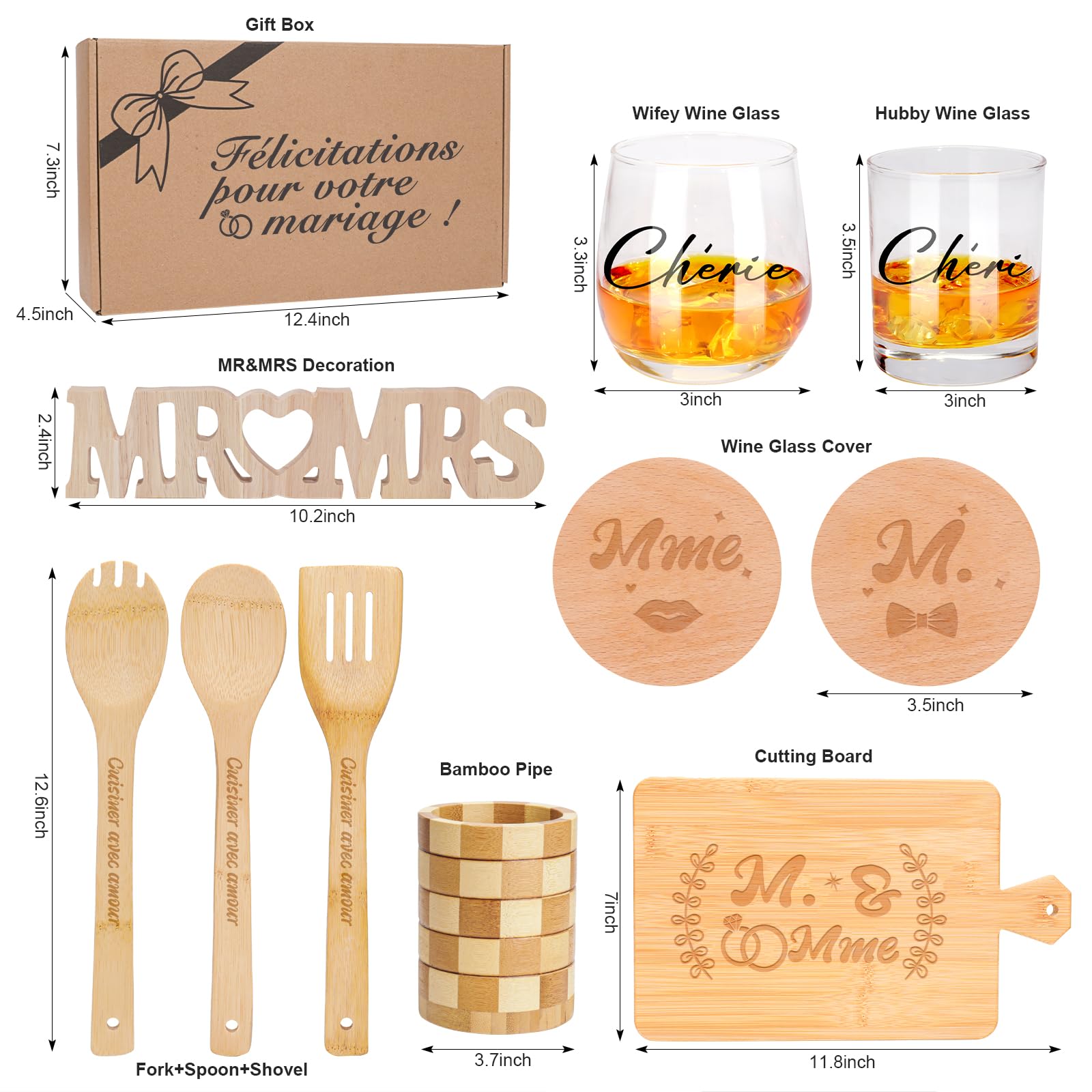 Tapis et Ensembles Coffret Cadeau de Mariage 10 Pièces, Bambou avec Planche, Verres, Dessous de Verre, Ustensiles de Cuisine, Support et Décoration MR & MRS,Cadeau Couple Marié
