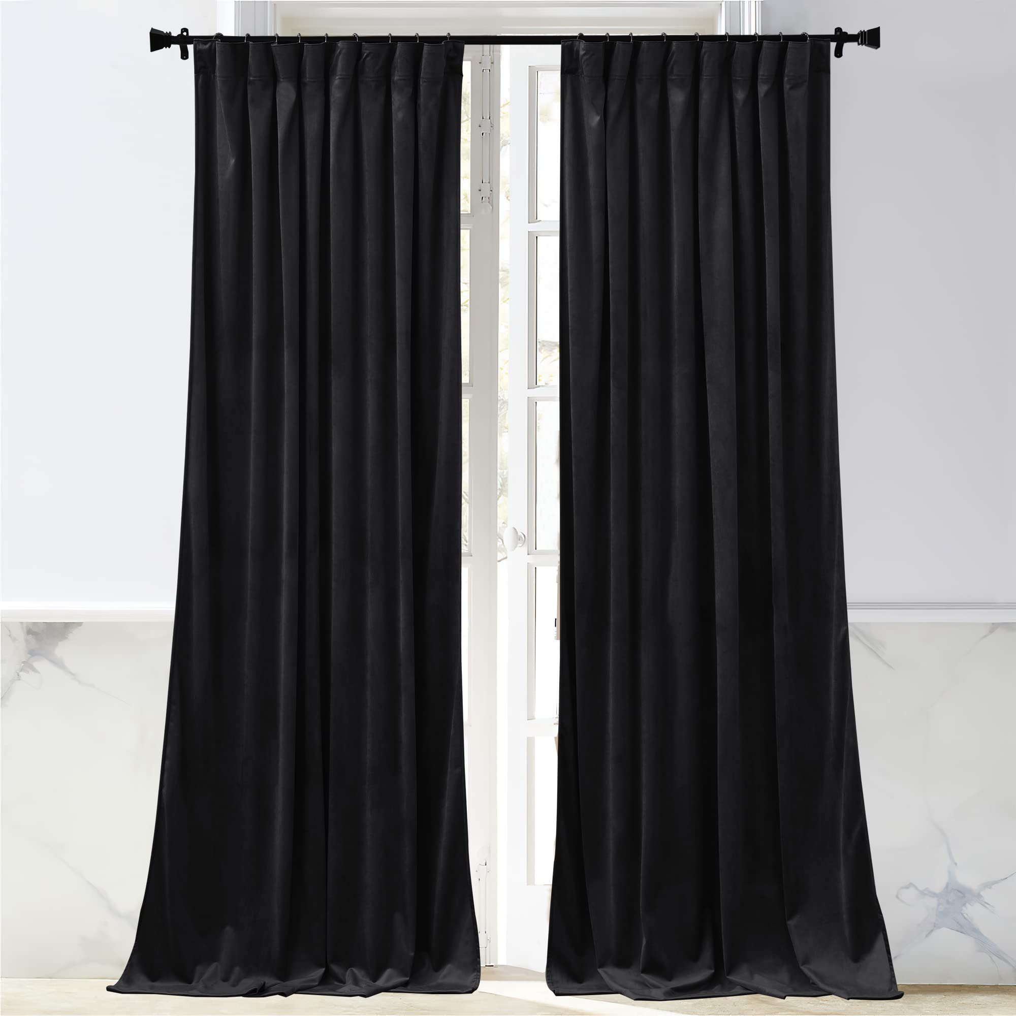 NICETOWN Halloween Black Velvet Curtain, Bedroom Velvet Blackout Curtain Panels, Solid Heavy Matt Drapes/Window Treatments for Bedroom, Boys Room (2 Panels, 84 inches Long)