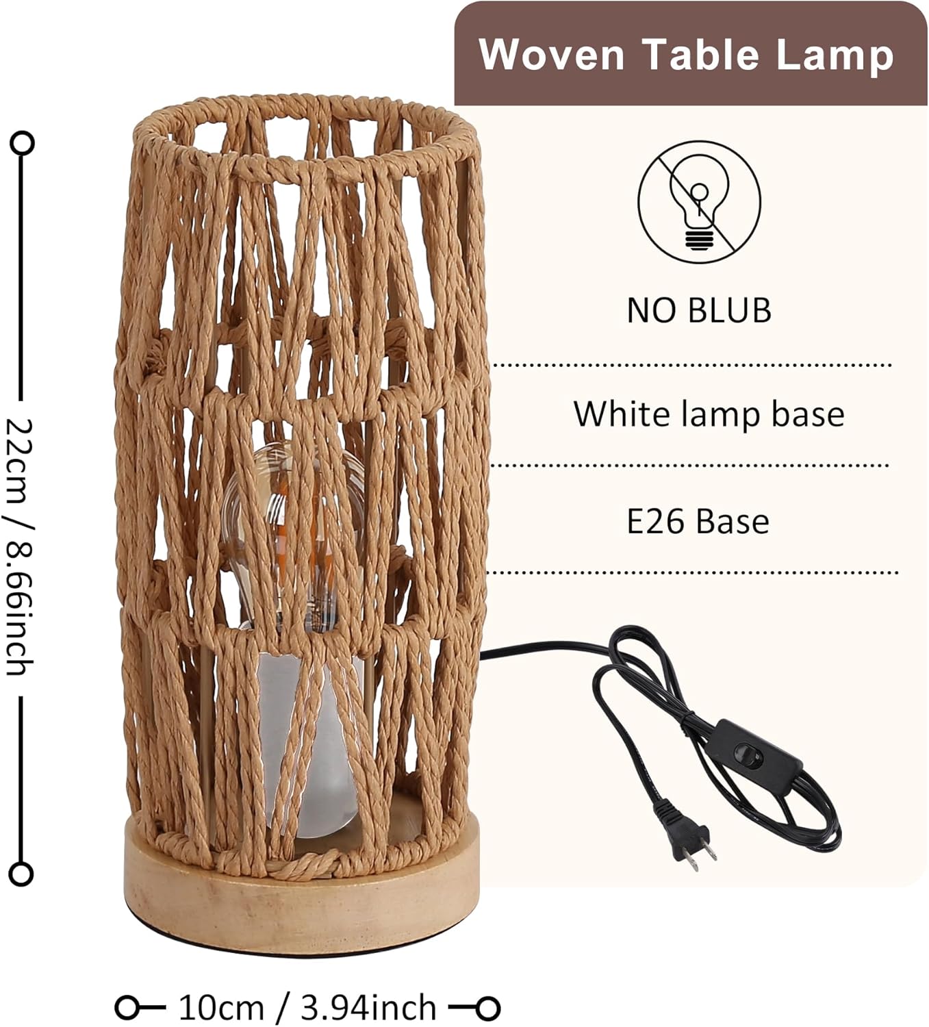 Boho Woven Rope Table Lamp with Handmade Natural Wooden Base, Small Vintage Rattan Wicker Nightstand Cute Desk Lamp, Bedside Bamboo End Table Lights for Bedroom, Living Room, Kitchen Island