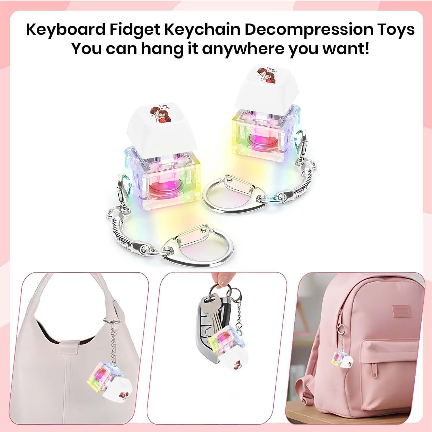 4 in 1 Cute Cartoon Lighting Keyboard Fidget Toys Adults Fidget Keyboard Clicker with LED Light Keychain Sensory Toys for Anxiety Stress Relief (2 PC Cute Couple) 1