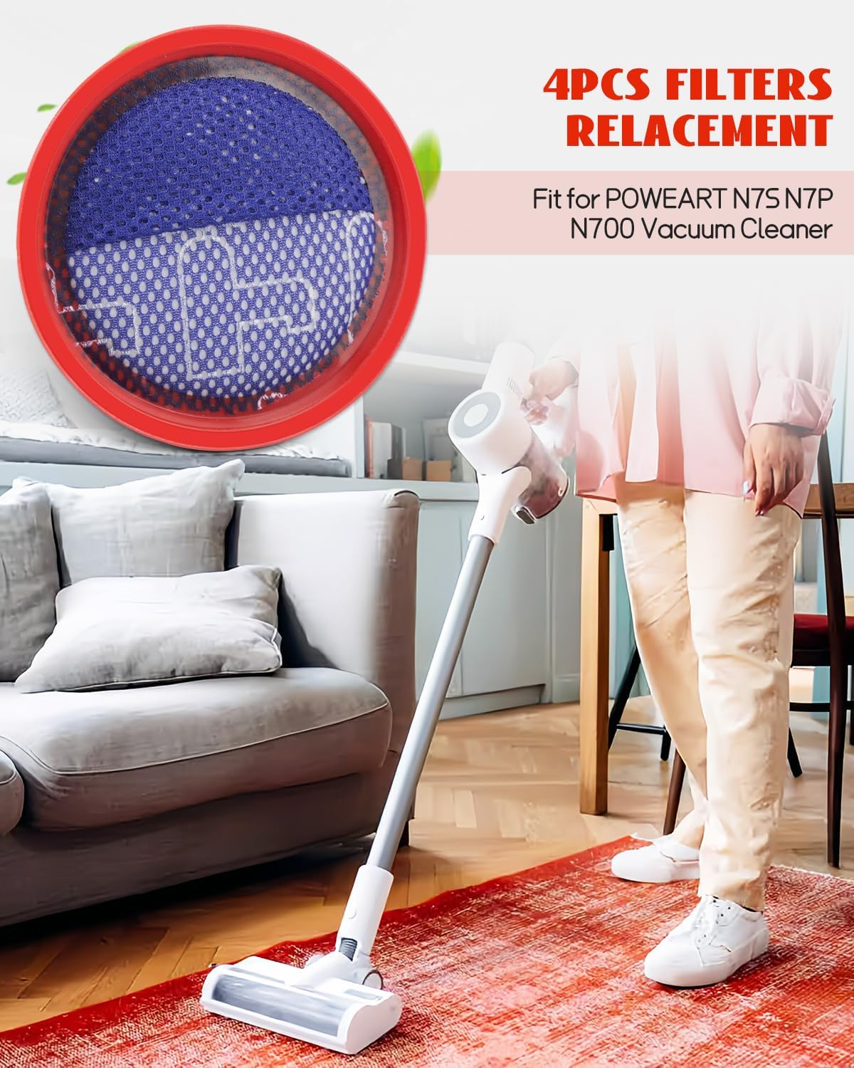 4 Pack Replacement Filters Fit for POWEART N7S N7P N700 Vacuum Cleaner