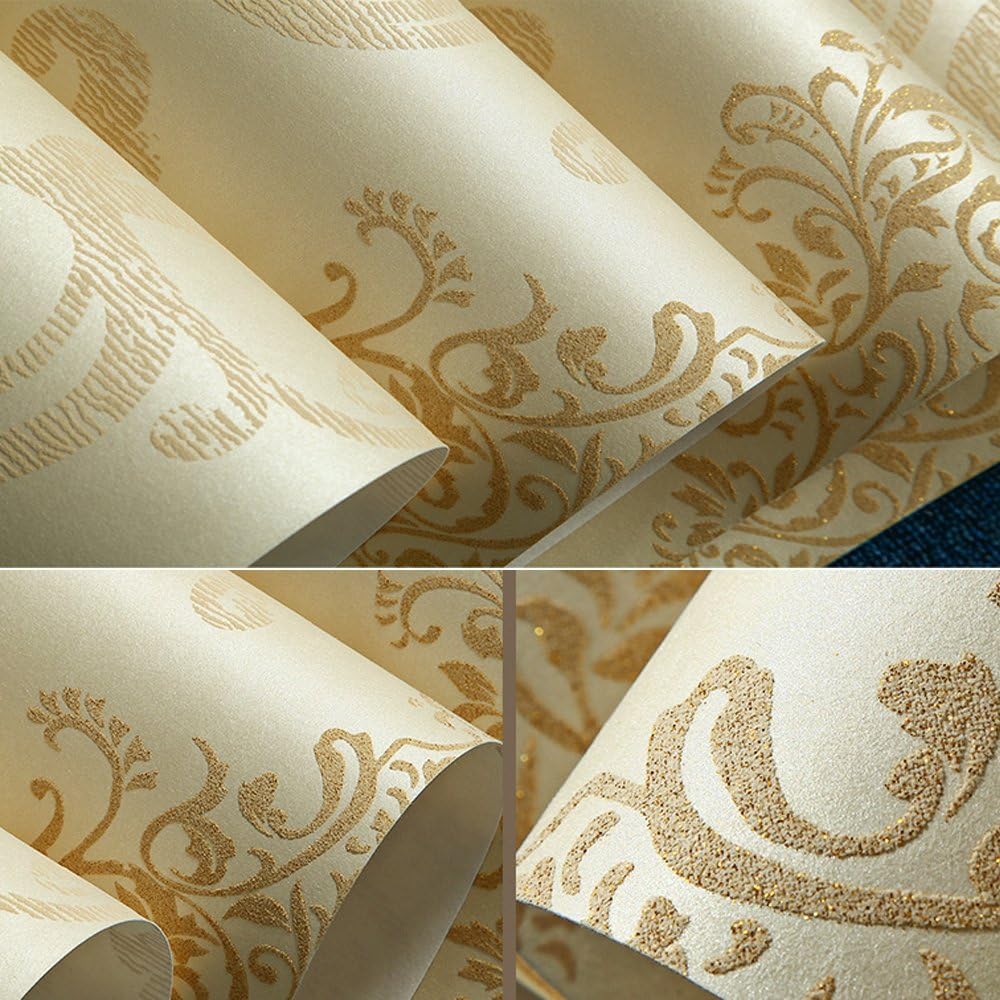 Q QIHANG DAWEI 3D Luxury Damascus Pearl Powder Non-Woven Wallpaper Roll for Living Room Beige Color 1.73'W x 32.8'L