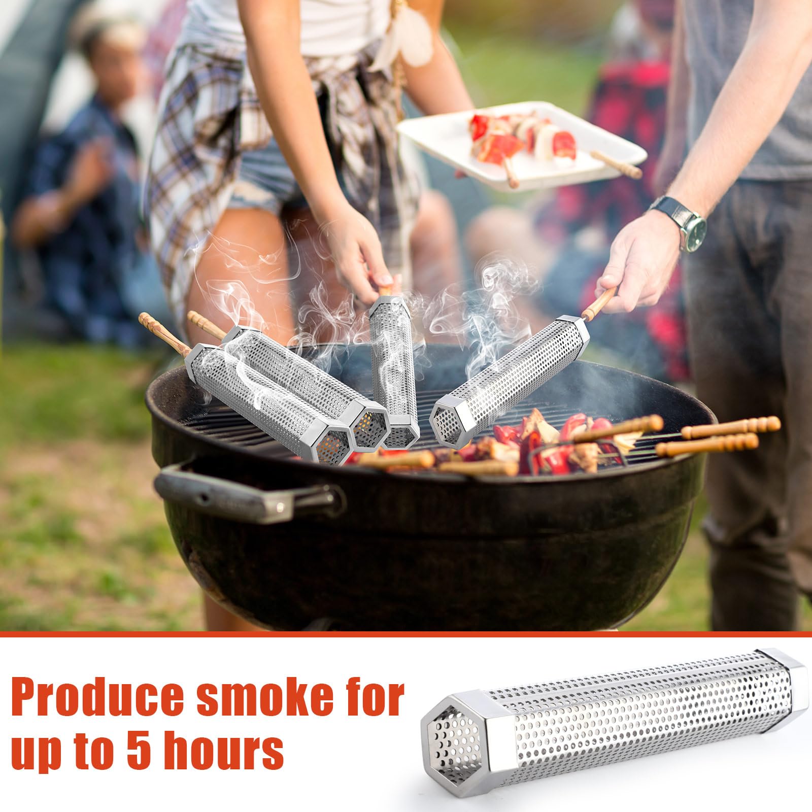 Paquete de 6 tubos de ahumador de pellets de 12 pulgadas para parrilla de pellets de acero inoxidable para ahumar en caliente o frío con 3 cepillos portátiles para barbacoa a gas 5