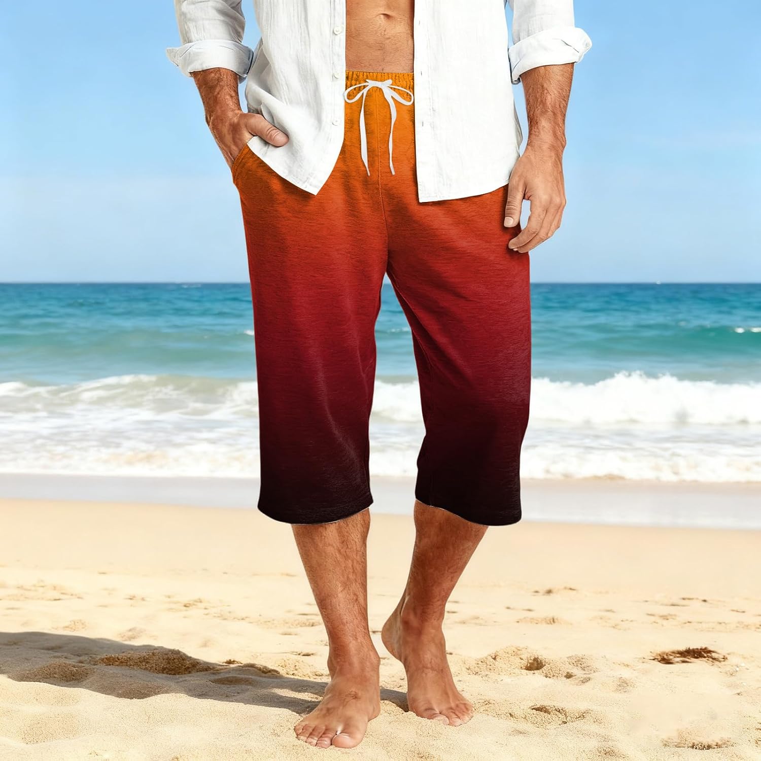 Ymosrh Men's Casual Shorts Lightweight Gradient Color Elastic Waist Summer Beach Workout Capri Shorts S-3XL