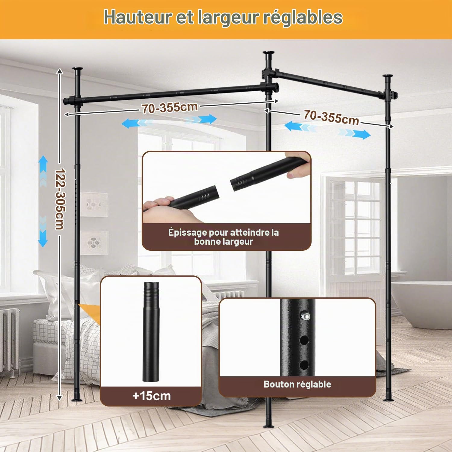 Tringle à rideau de séparation de pièce sans rideau, 355 x 305 cm, noir | Tringle à rideau réglable flexible sans perçage pour salon, salle de bain, chambre à coucher, bureau et autres intérieurs