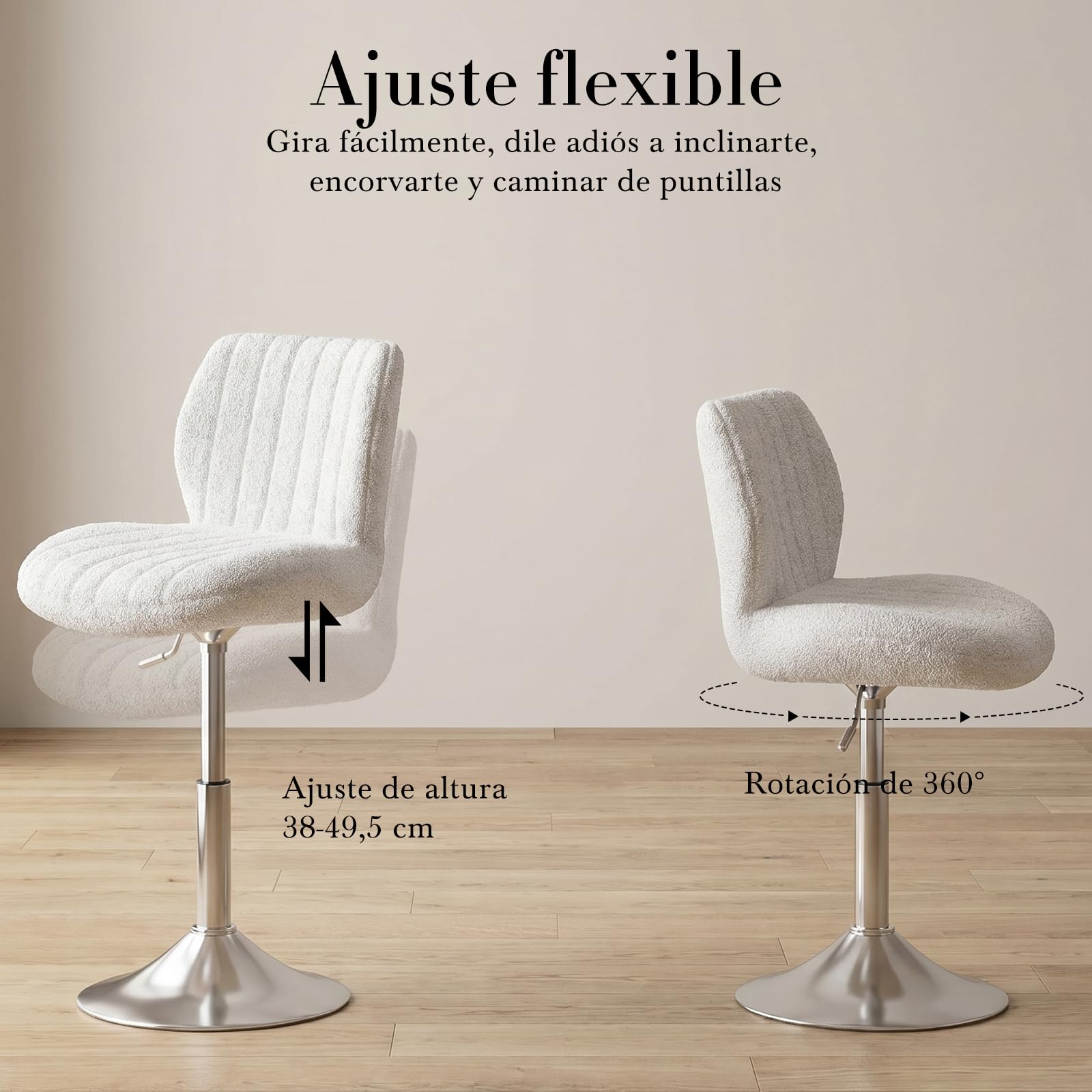 Devoko Taburete de Tocador con Respaldo, Silla Giratoria 360° Altura Regulable, Tela de Felpa, Blanco