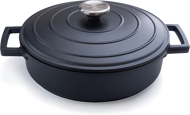 Non-Stick Aluminium Pot with Lid Sturdy Shallow Dutch Oven Casserole Pot with Ergonomic Handles 3.9L, 28cm Oven Safe Cooking Pot by Nuovva