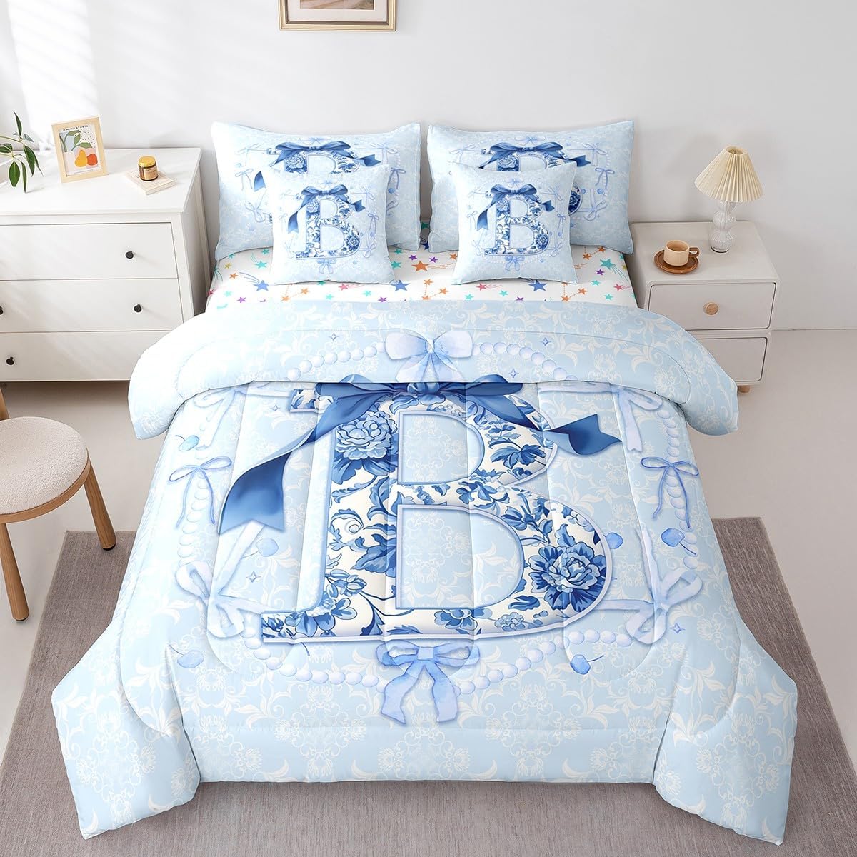 Erosebridal 7Pcs Coquette Bow Twin Bedding Sets Blue Groovy Floral Cute Bowknot Quilt Initial Letter B Aesthetic Bow Gifts Alphabet B Girls Comforter Set with Sheets for Girlfriend/Mom/Sister(B)