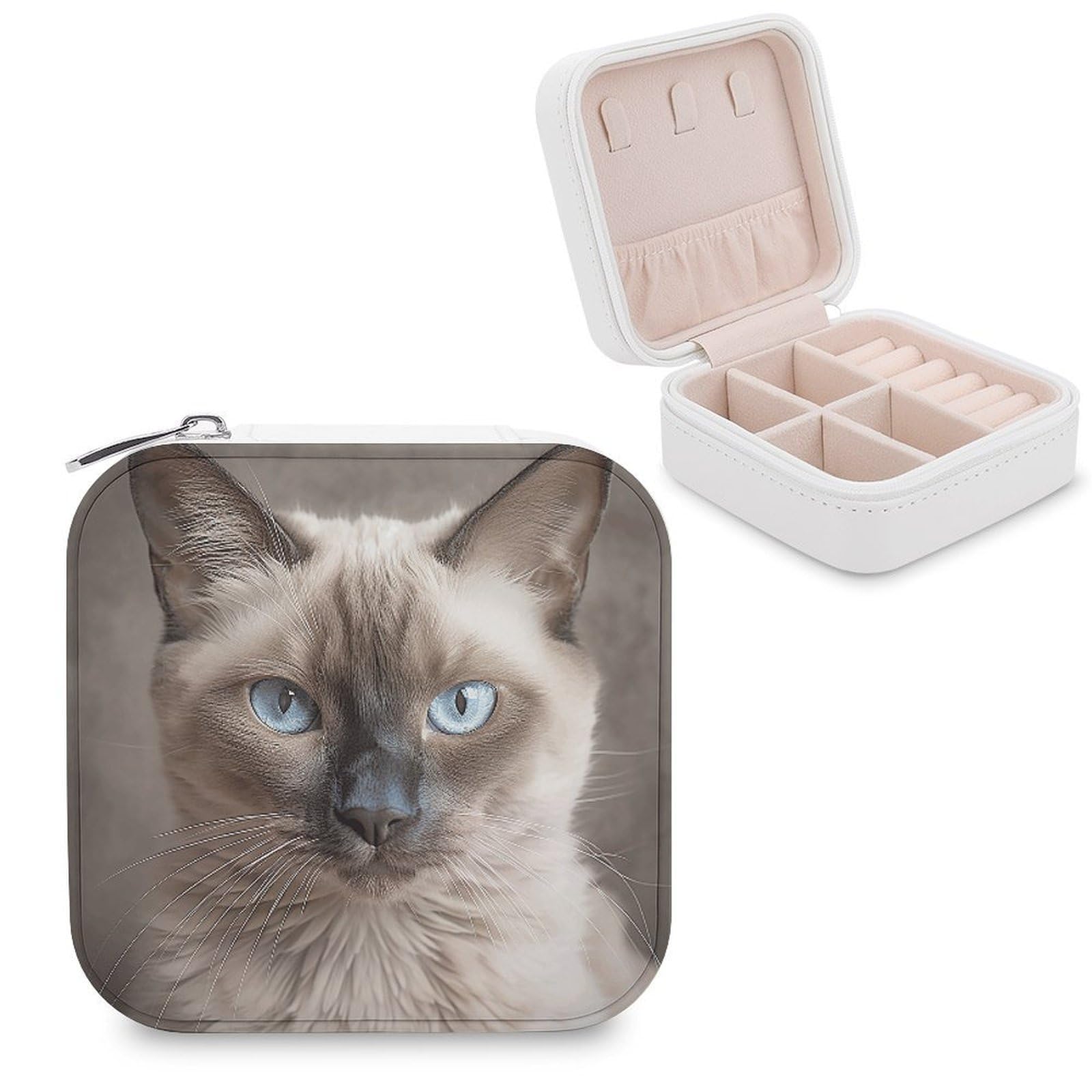 VstaDank Beautiful Siamese Cat Travel Jewelry Case Zipper Portable Small Jewelry Box Custom Pu Leather Mini Traveling Jewelry Organizer for Rings Earrings Necklace Bracelet Girls Women