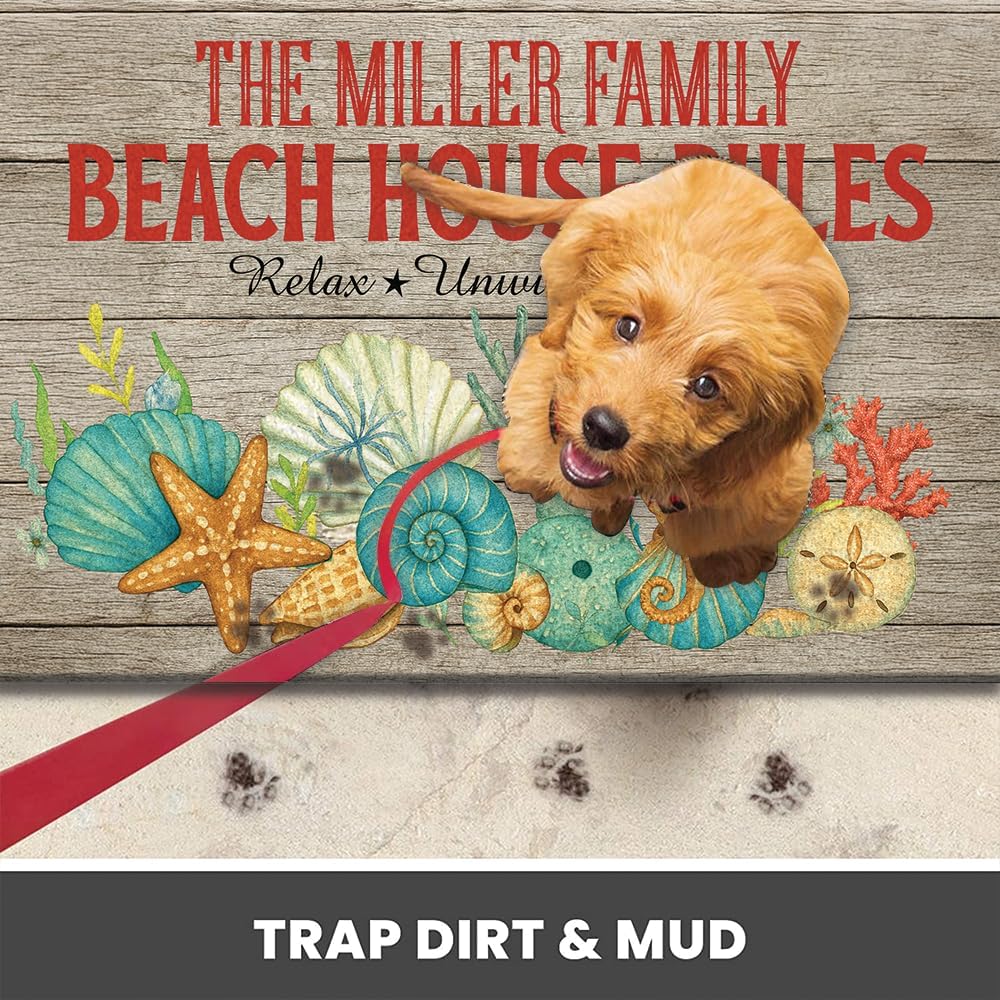 Personalized Beach House Doormat Non-Slip – Custom Name Welcome Mat for Summer Entryway – Seahorse Shell Coral Coastal Rug – Front Door Mat Outdoor Indoor for Seaside Vacation or Cabin Decor