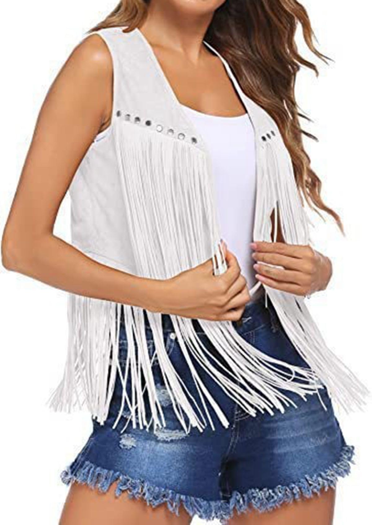 Chaleco para mujer con borlas largas sin mangas y chaquetas cortas con flecos estilo informal