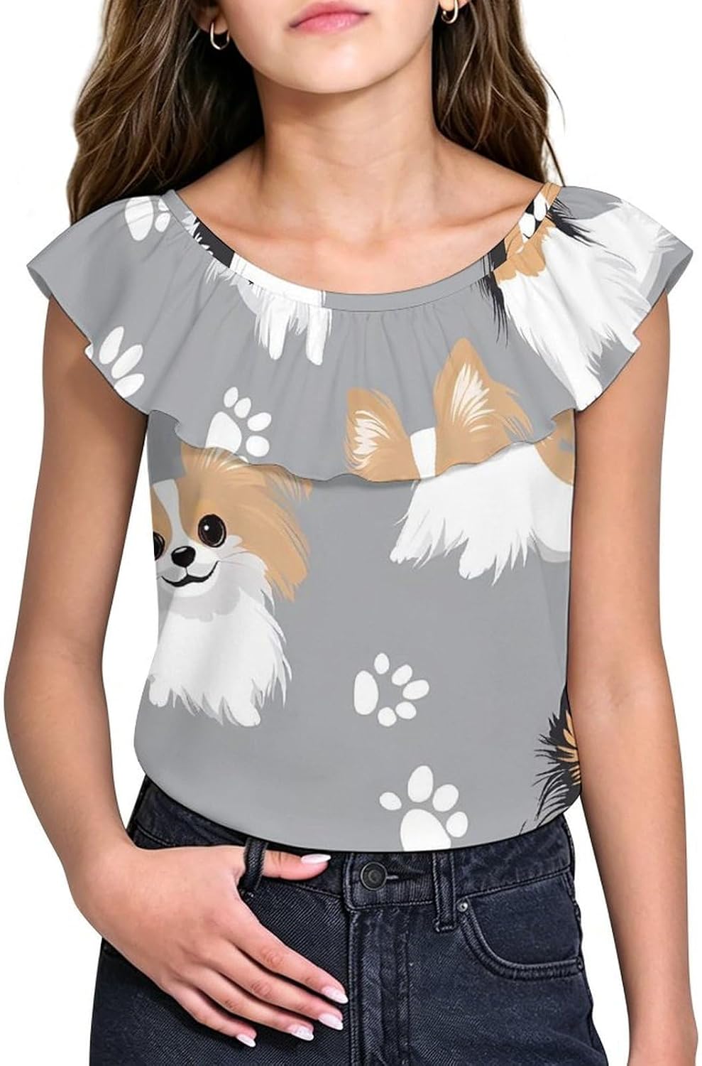 Papillon Dogs Paw Prints Girls T-Shirts Top Ruffle Short Sleeve Blouse Casual Graphic Tees