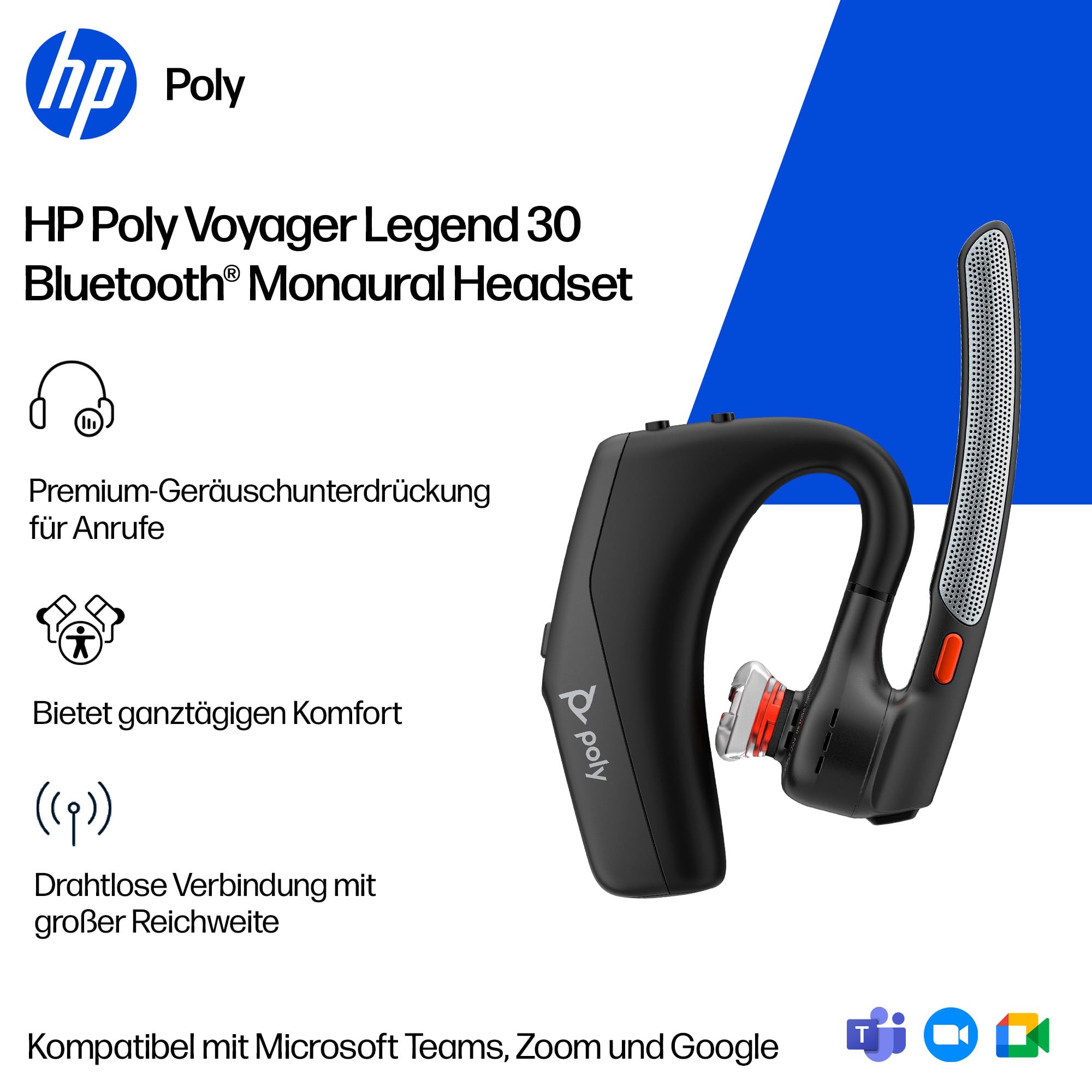 Poly Voyager Legend 30 Bluetooth-Headset – Noise Cancelling, WindSmart, Smart-Sensor, 10 Stunden Akkulaufzeit, Ergonomisches Design, Schwarz