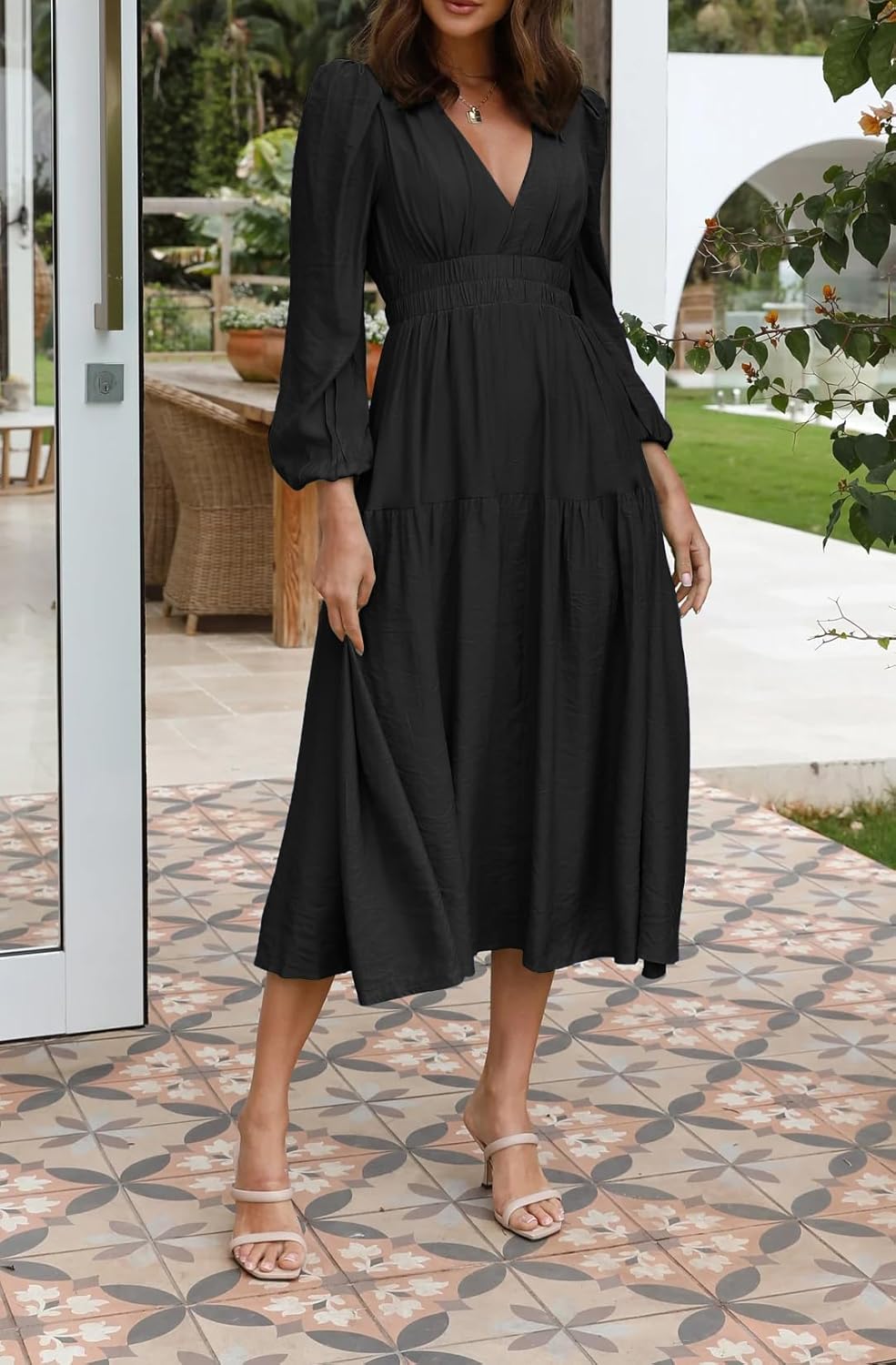 R.Vivimos Womens Casual Long Sleeve Midi Dress Deep V Neck Elastic Waist A-Line Tiered Flowy Elegant Dresses - Image 3