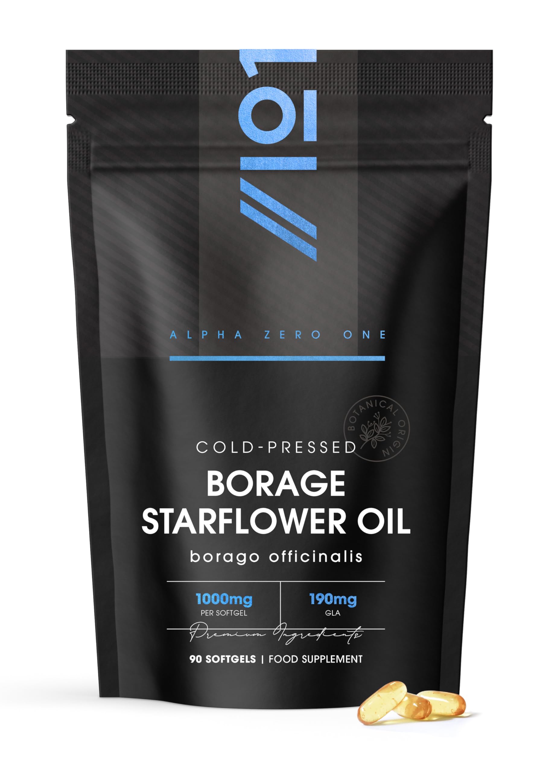 Starflower Oil 1000mg – 190mg GLA – Cold-Pressed Borage Oil - 90 Softgels - Natural Source of Omega-6 – 3 Month Supply – Resealable and Recyclable Pouch by Alpha01