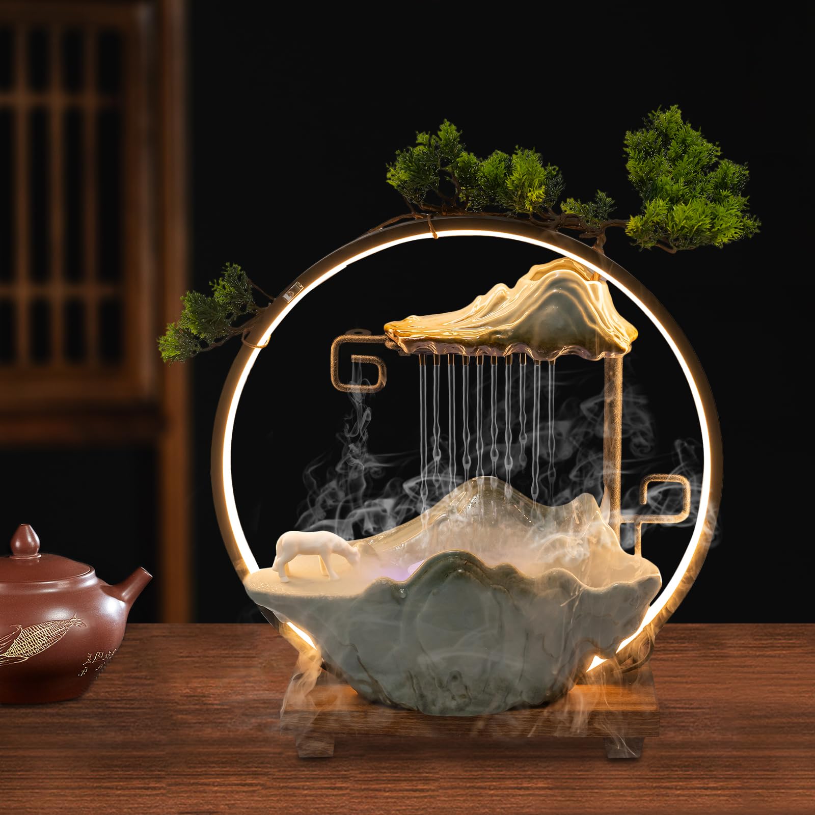 Tabletop Water Fountains for Meditation, Indoor Waterfall with Mist LED, Includes Atomizer with 7 Colors and Fake Plants - Feng Shui Decor for Good Luck and Wealth