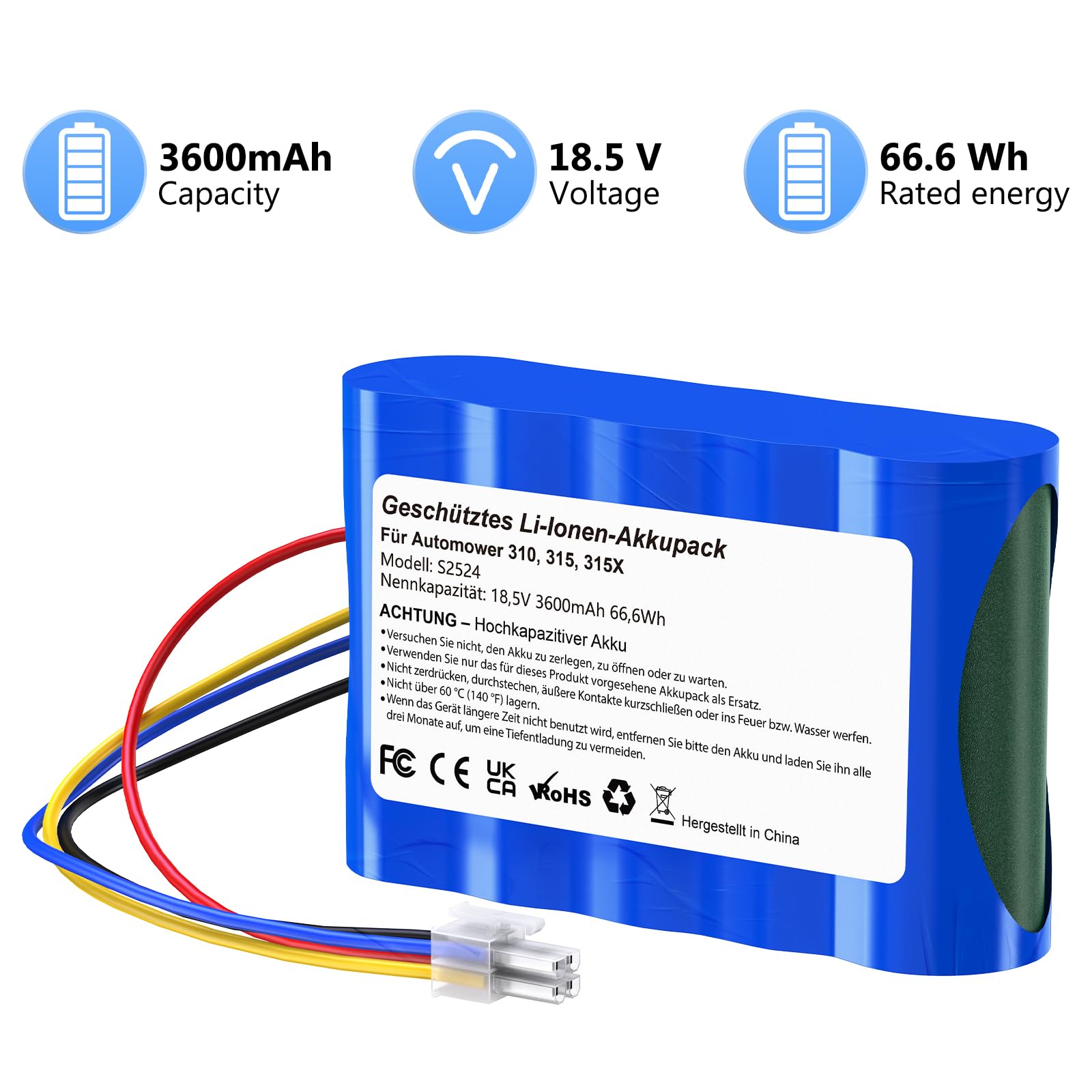 Ersatzakku kompatibel mit Husqvarna Automower 310, 315, 315X, Gardena Sileno R100Li,R130Li,R160Li Rasenmäher - (3600mAh, 18.5V, Li-Ion)