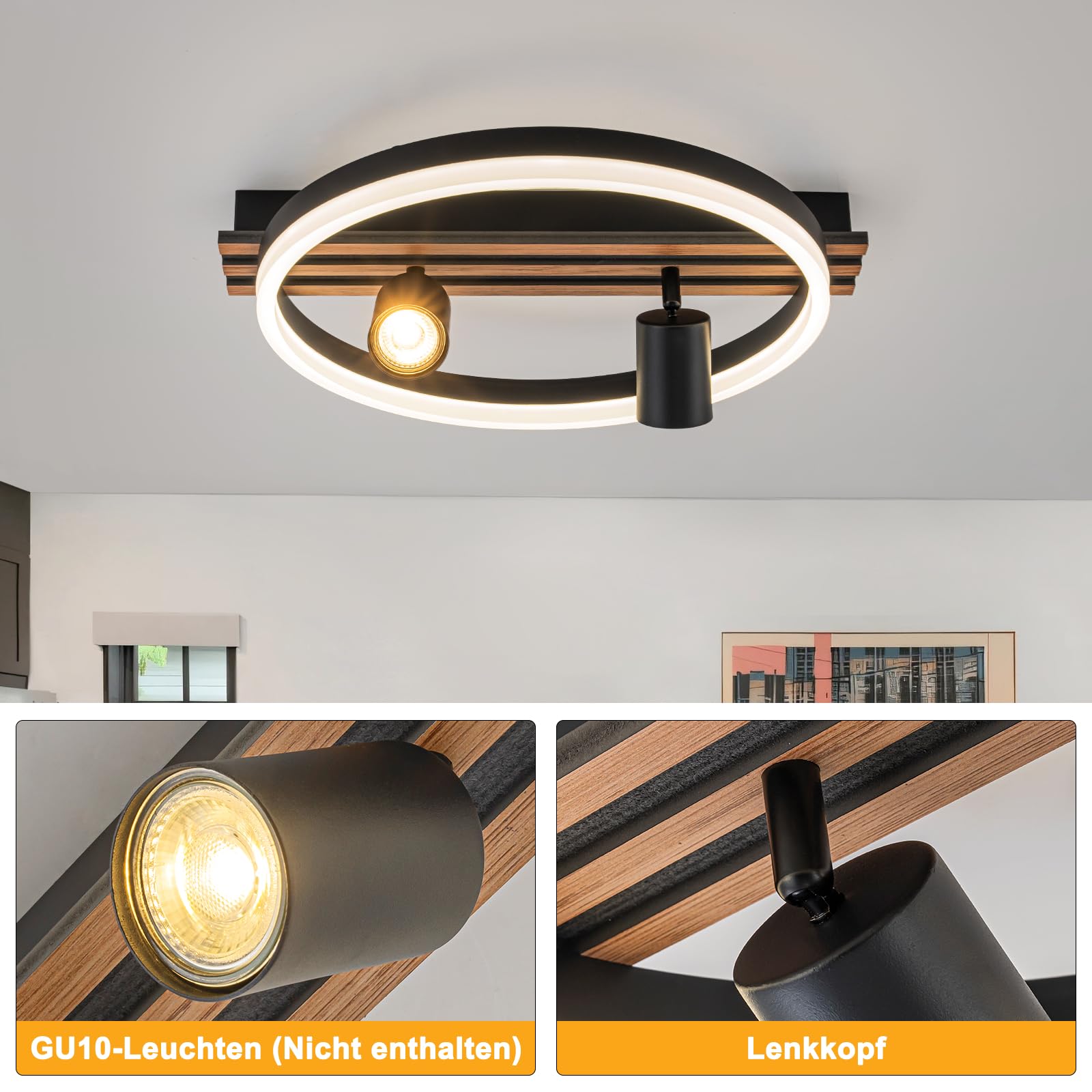 LED Deckenleuchte für Schlafzimmer, 48x40cm schwebender Ring | mit 2x GU10 Strahlern (ohne Leuchtmittel), Holzmaserung, 16W 4000K Neutralweiß, Energieklasse B, Ideal für Flur