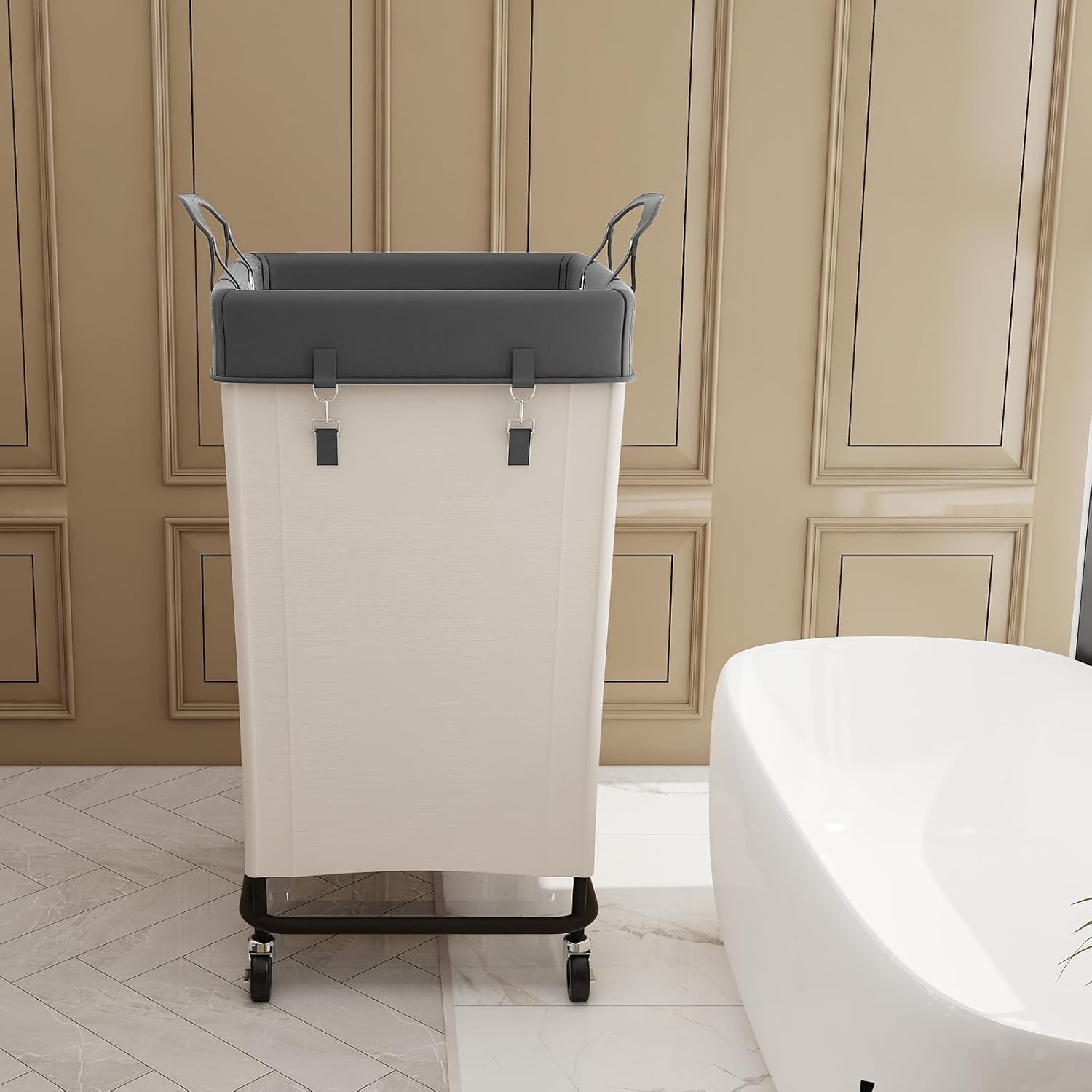 FLYBOX Laundry Hamper with Heavy Duty Steel Frame, 160 L Industrial Laundry Basket Cart with Wheels for Hotel, Home, Laundry Room, 17.72''L x 17.72''W x 30.91''H, Medium Grey Leather