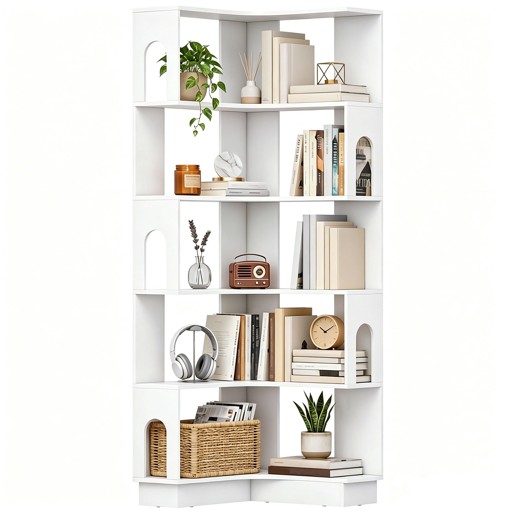 HOMCOM Bibliothèque d'angle, étagère de Rangement à 6 Niveaux avec Panneaux latéraux arqués, Style Moderne, Meuble de Rangement pour Bureau, Salon, Chambre, 60 x 60 x 165,5 cm, Blanc
