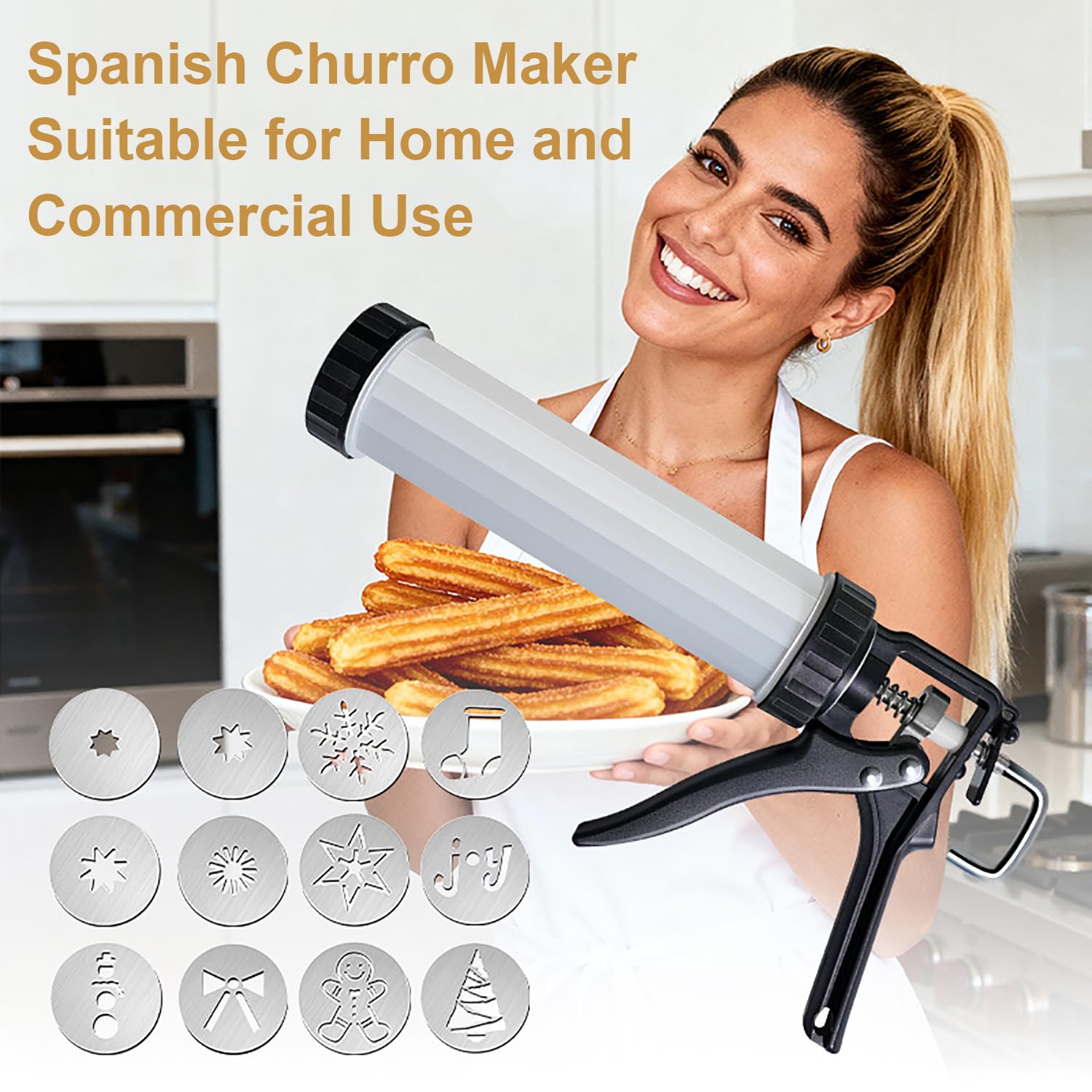 Machine a Churros,Presse a Biscuit,28 Pièces en Acier Inoxydable de Haute Qualité, avec 9 Buses et 12 Pochoirs,Presse à Biscuits et Décoration de Gâteaux pour la Cuisson à la Maison