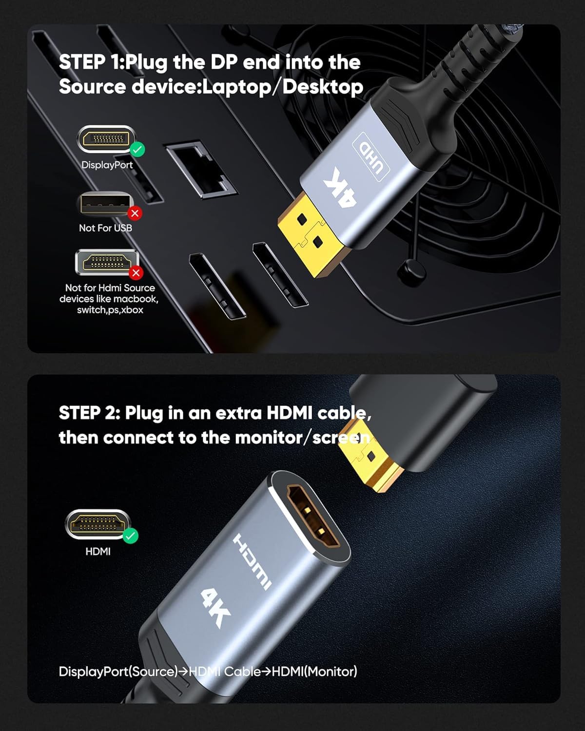Lot de 5 adaptateurs actifs DisplayPort vers HDMI (4K @ 60 Hz, 1440p/2K @ 120 Hz) unidirectionnel DP 1.2 vers HDMI 2.0, mâle vers femelle, compatible avec AMD, NVIDIA, ordinateurs de bureau