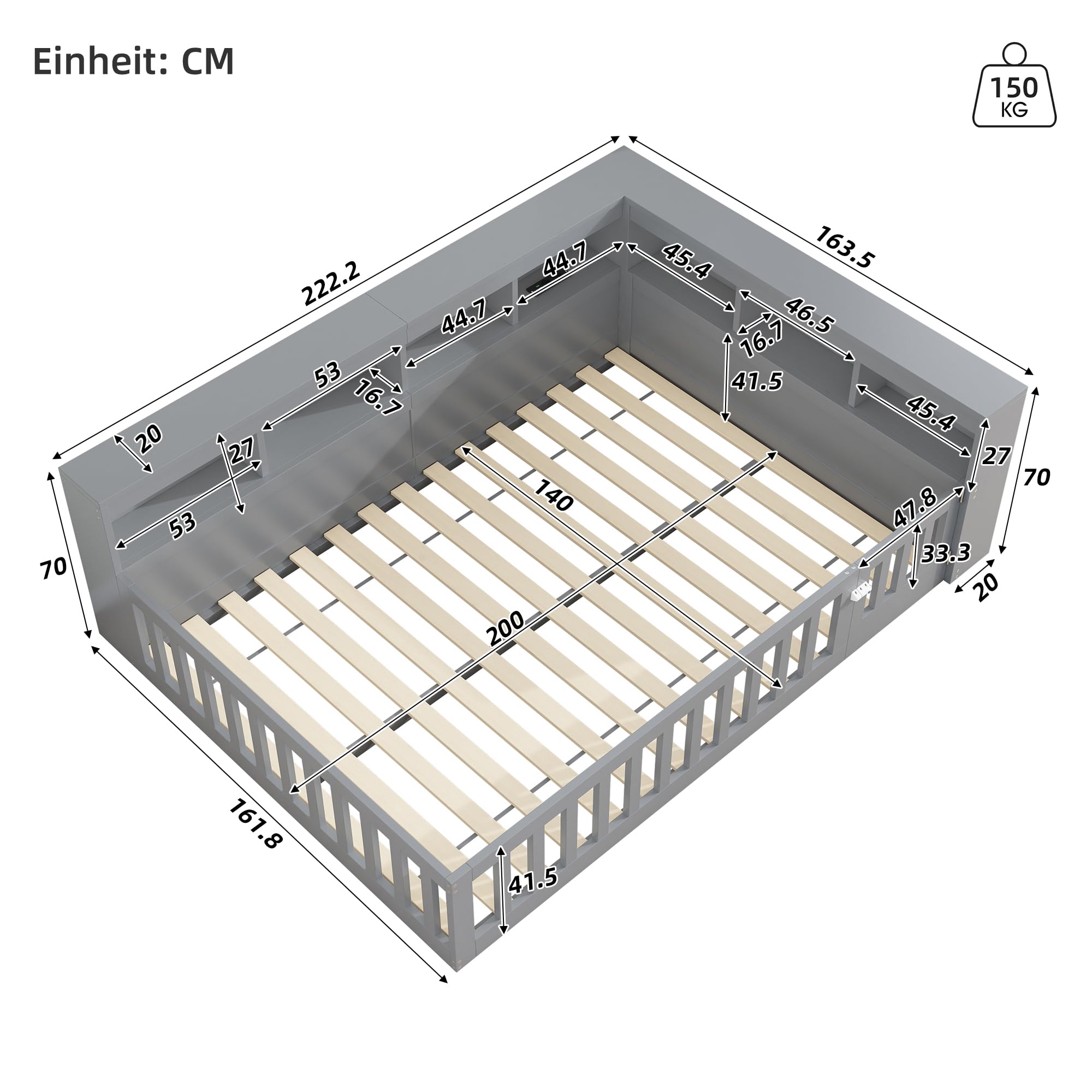 LAKFEW Bodenbett 140x200 cm Kinderbett mit Rausfallschutz und USB-Anschluss, Bett mit Stauraum Staufach, Jugendbett Holzbett mit Lattenrost, Kinderzimmer Möbel, Ohne Matratze, Grau