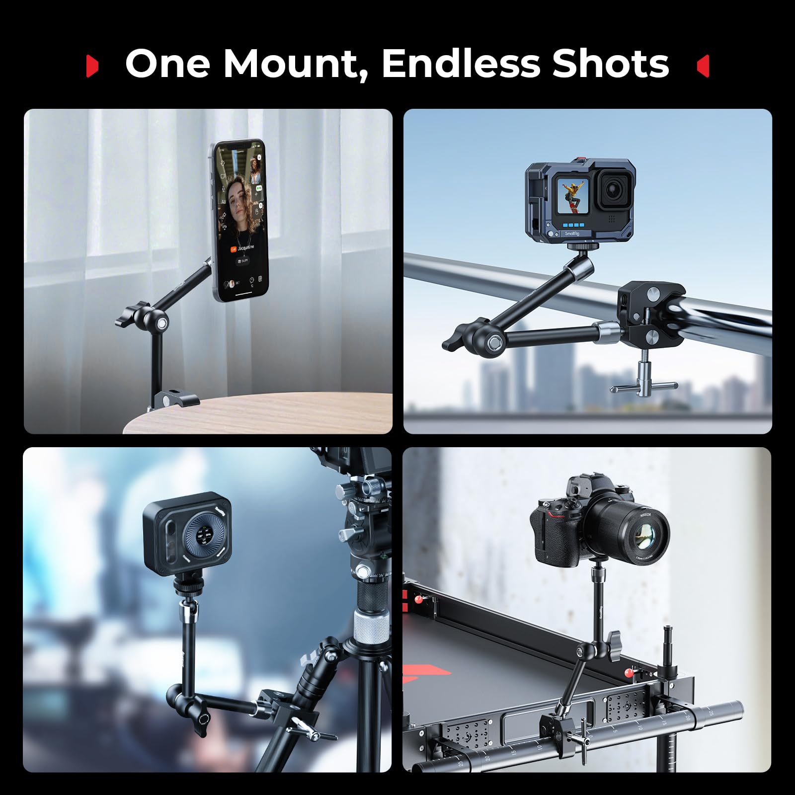 SMALLRIG Morsetto Magic Arm, supporto per telefono per Magsafe e anello adattatore magnetico, Magic Arm integrato da 11 pollici per iPhone, Android, per action cam/monitor LCD/luci LED - 5604