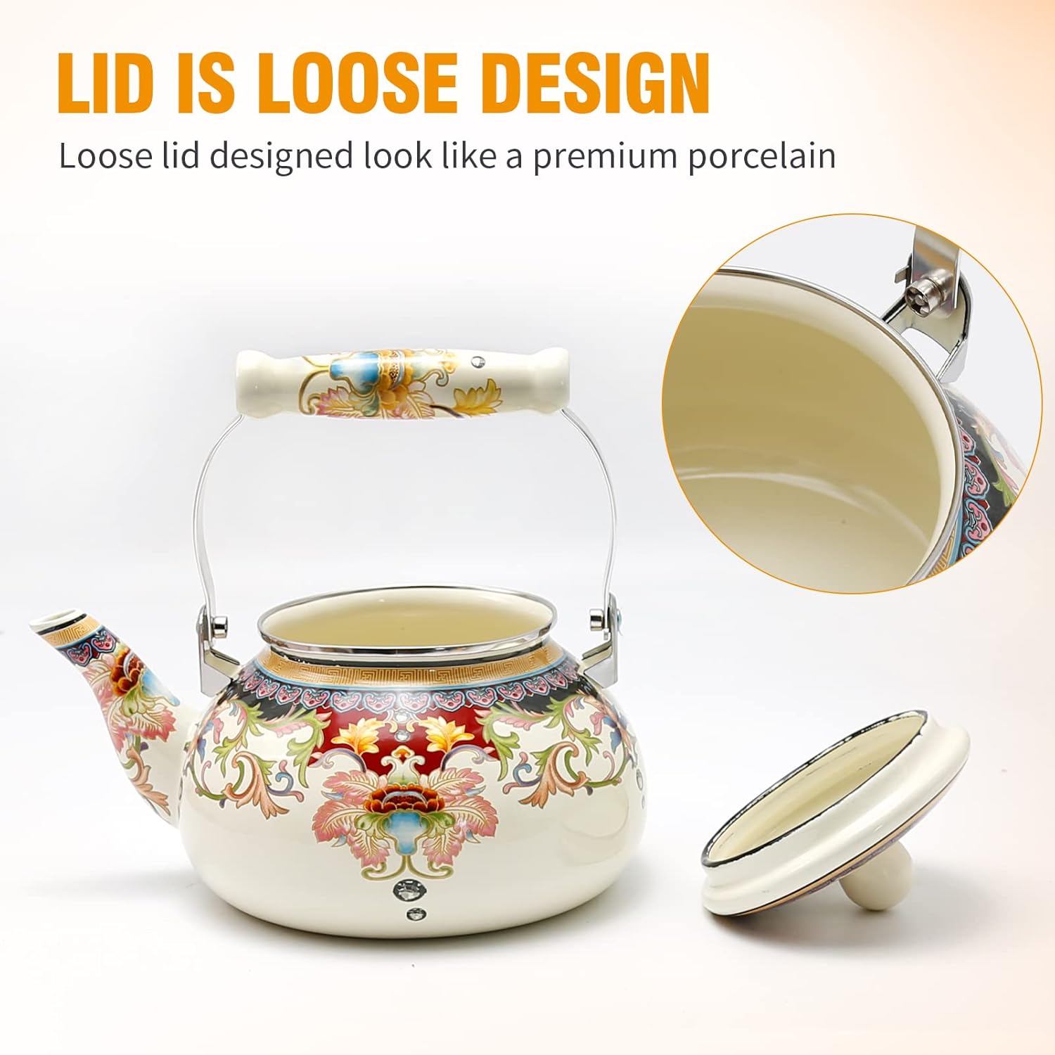 Saihisday Floral Teapot Enamel Afternoon Tea Kettle For Stovetop, 2.5L Large Flowered Tea Kettle with Ceramic Handel for Afternoon Tea Wedding Party Housewarming Gift