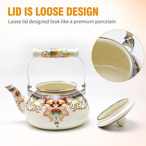 Miniatura 3 de Hervidor de té con flores blancas de 2.5 litros con mango de cerámica, tetera de esmalte de cerámica floral para estufa, sin silbato