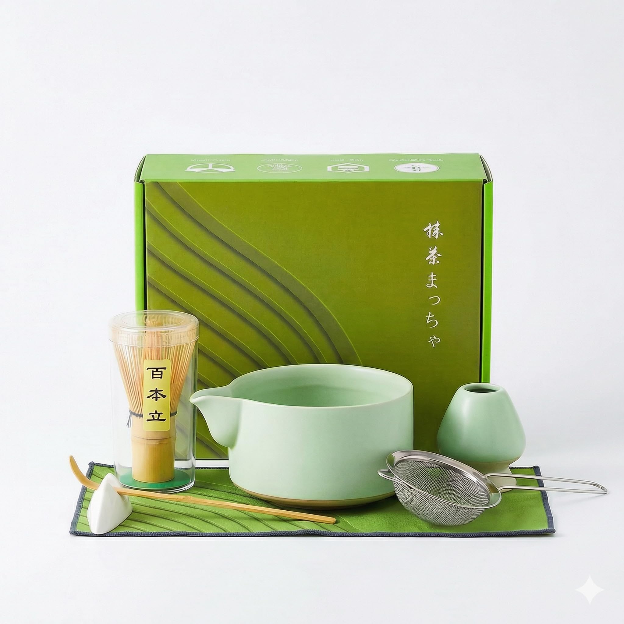 Matcha Set 7-tlg, Hellgrün Matcha Schale aus Keramik mit Matcha Besen aus Bambus und Besenhalter, Sieb, Löffel & Tee-Tuch für Matcha-Zeremonie zu Hause oder als Geschenk