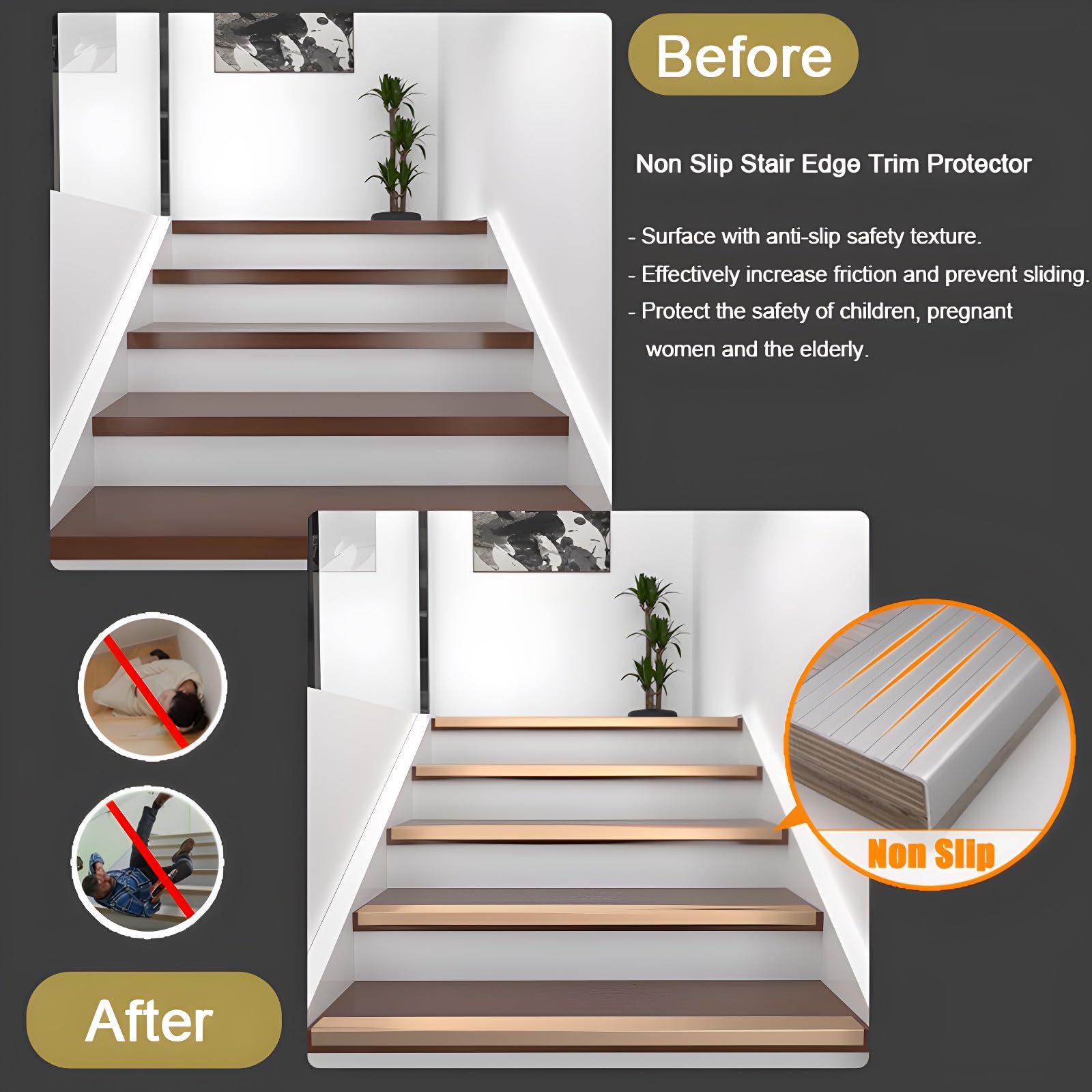 Perfil De Borde Para Escaleras De Aluminio, Protección De Borde De Escalera, W 75mm, Forma De L, Tiras Antideslizantes Para Peldaños(Rose gold,100cm)