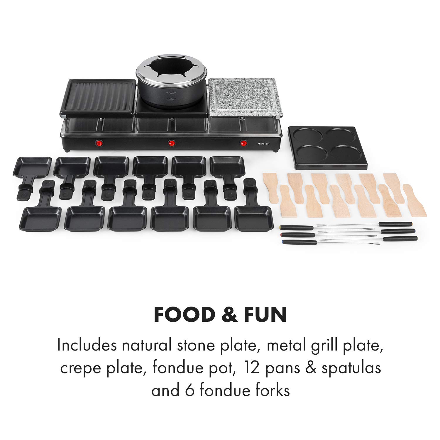 Klarstein Fonduelette XL - Set de Raclette y Fondue 3 en 1, 1650 Vatios, 3 Placas de Parrilla: Metal/Piedra Natural/Crepes, 3 Resistencias Inox Separadas, hasta 12 Personas, Antiadherente, Negro