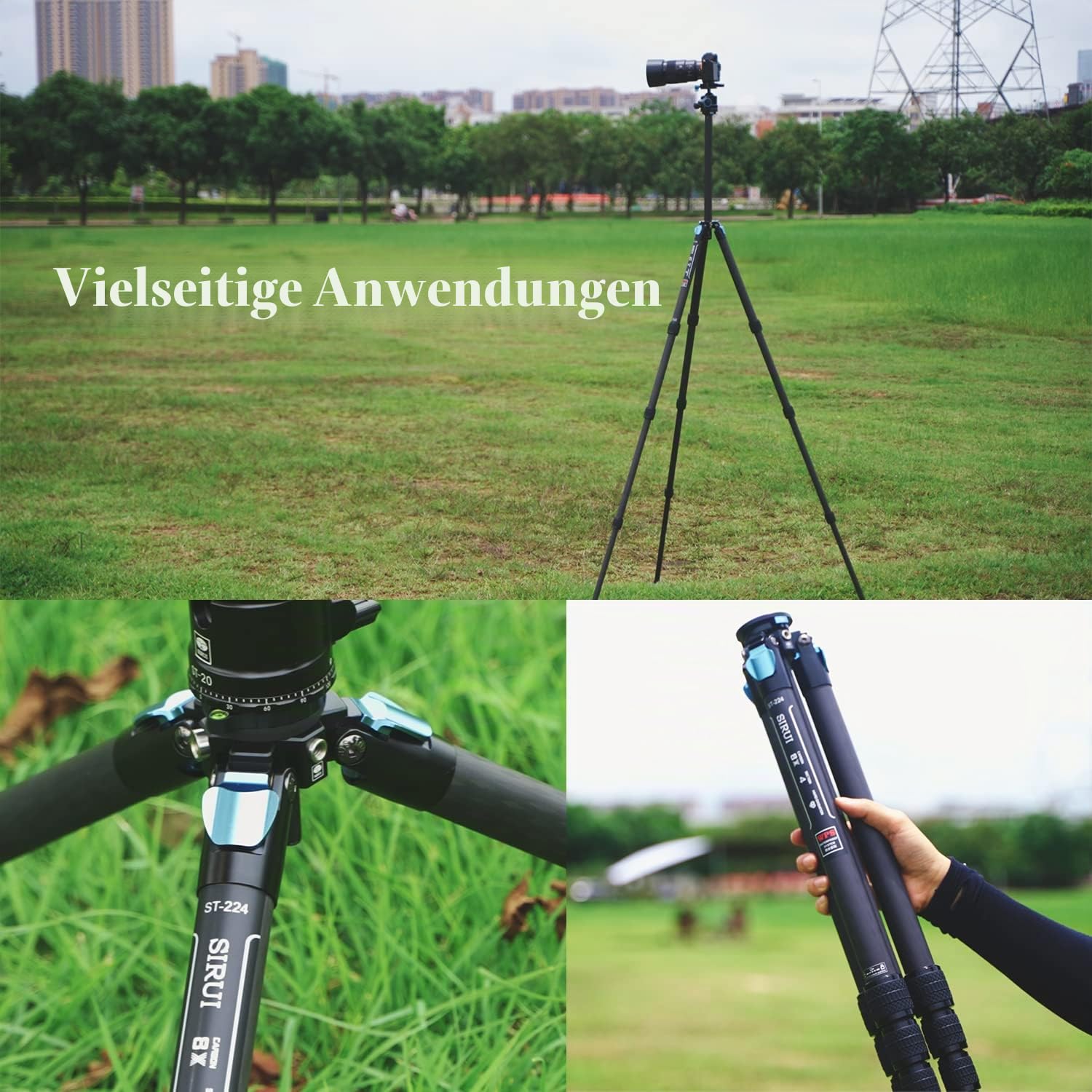 SIRUI Wasserdichtes Carbonfaser-Stativ, 175CM Professionelles Schwerlast-Kamerastativ mit dreieckiger Mittelsäule, großes Rohr für DSLR, Camcorder, Belastung 15kg (ST-224)