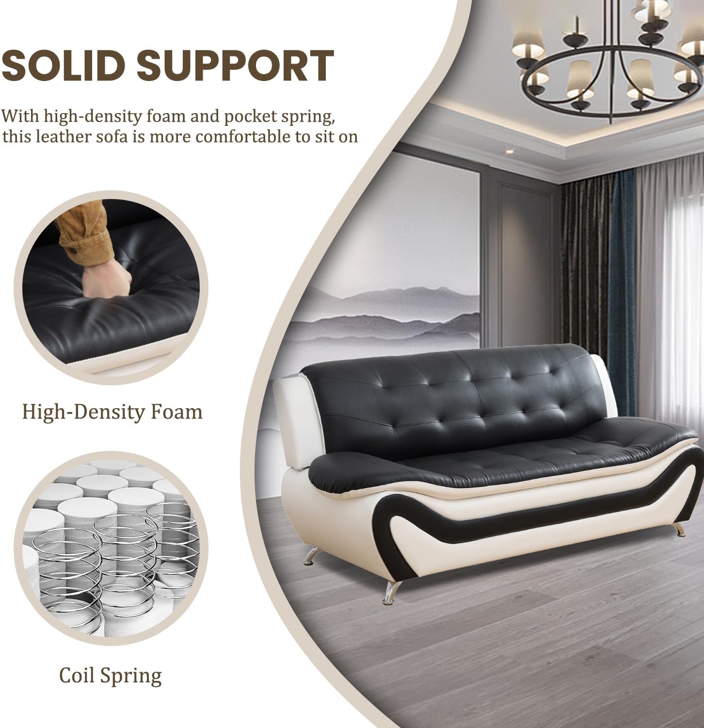 Faux Leather Sofa Set for Living Room, 3 Piece Living Room Furnituer, Modern Couch Set with 3-Seater Couch, Loveseat and Armchair (White&Black, Sofa+Loveseat)