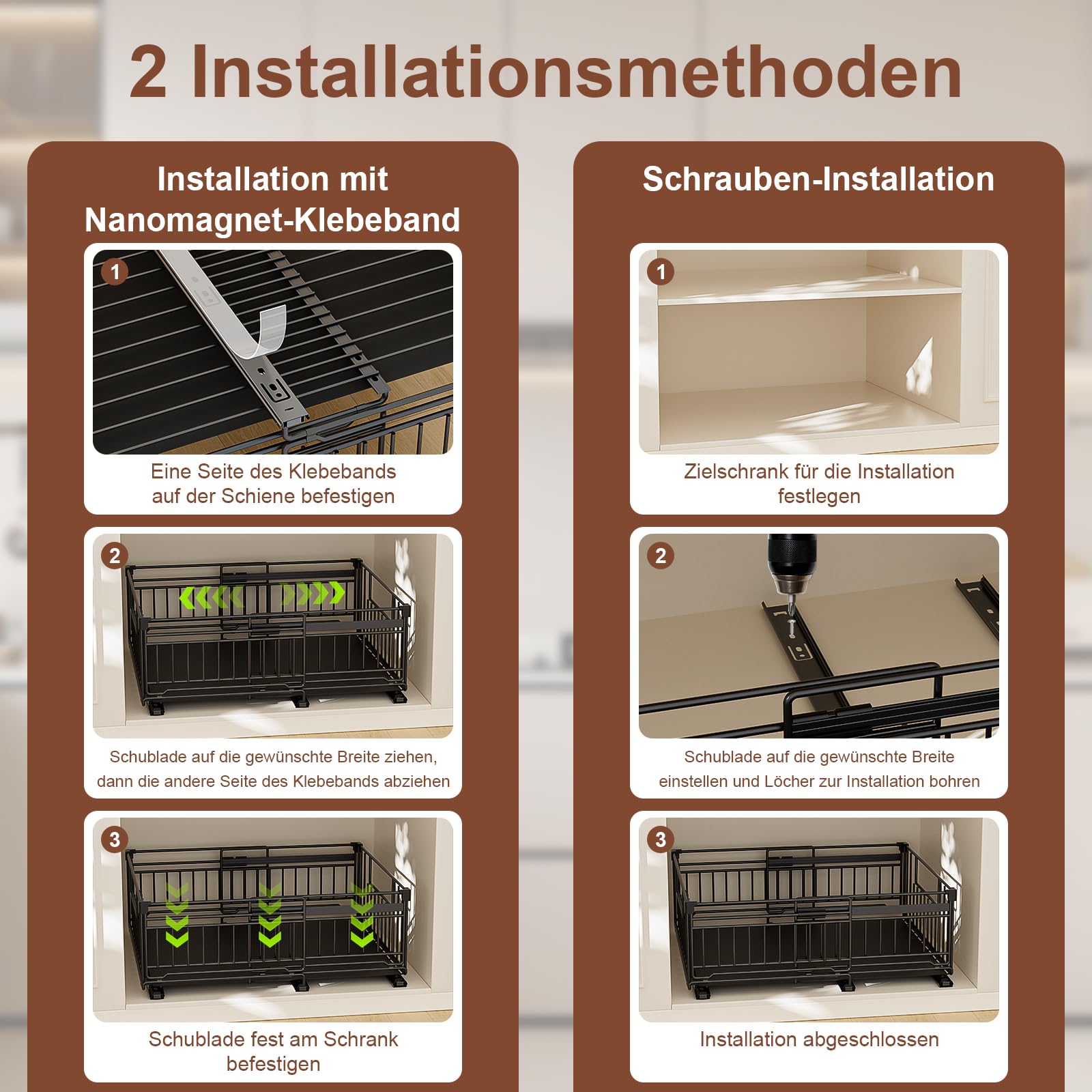 2 Stück teleskopschublade ausziehbare schublade küche mit Kleber,Ausziehbarer Schrank Organizer mit Schienensystem,32.5-50cm Verstellbare Breite teleskopschublade,Schwarz