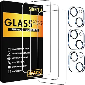 SIBEITU 3 Pack Screen Protector for iPhone 15 Plus with 3 Pack Camera Lens Tempered Glass Protector, 6.7 Inch HD Clear 9H Hardness Full Coverage, Scratch Resistent, Easy Installation, Bubbles Free