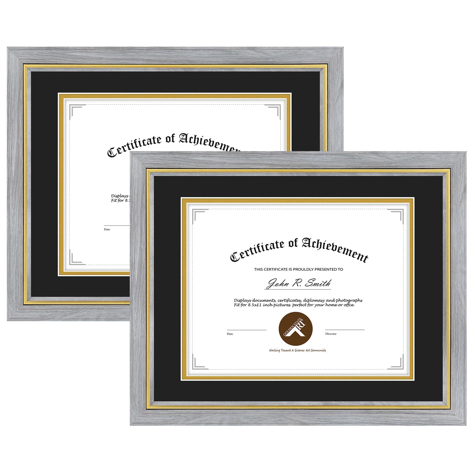 11x14 Diploma Frame Grey Gold Trim Fit 8.5x11 with Black W Gold Double Mat
