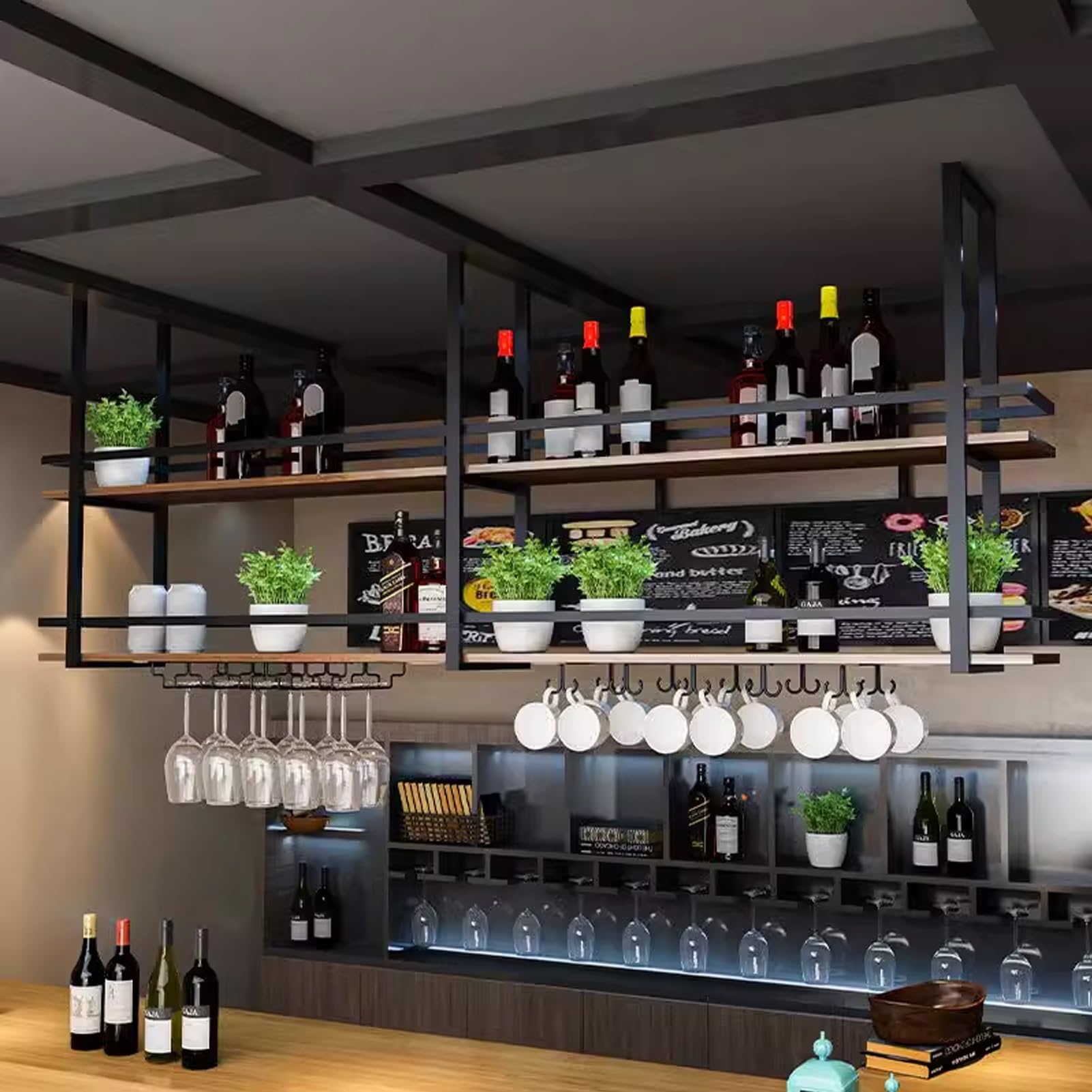 Support de bouteille de vin suspendu réglable avec étagère de rangement et bois