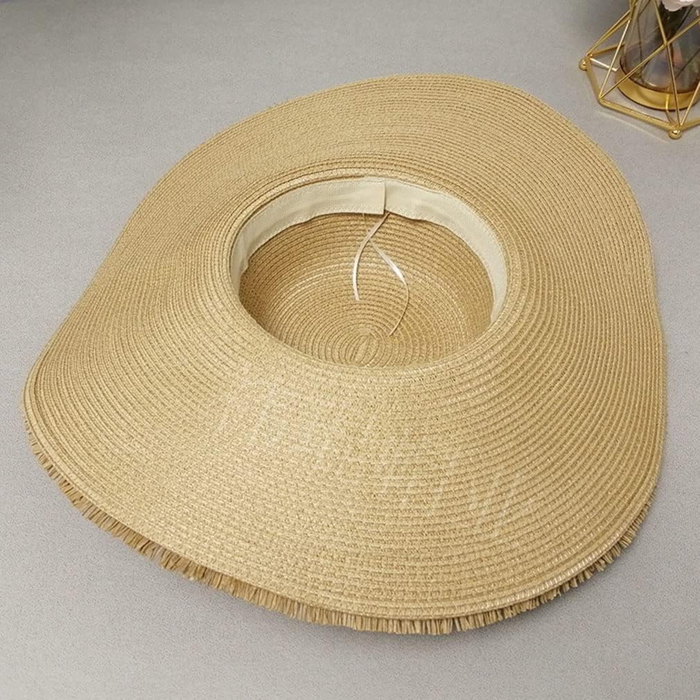 Brown Tassel Straw Hat for Women Foldable Sunshade Beach Hat Retro Vacation Woven Large Brim Sun Hats