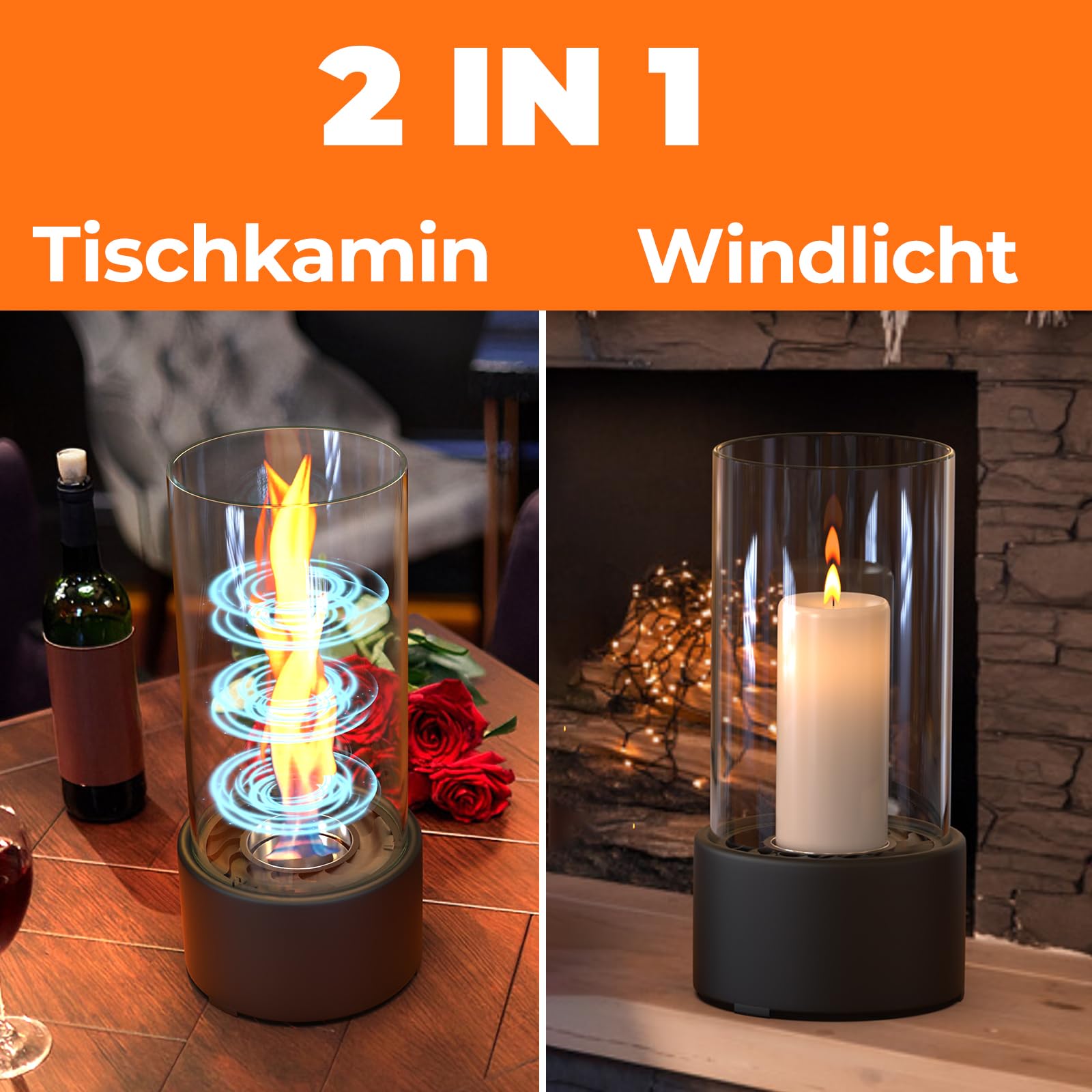 Tischkamin Indoor windlichter Wendelflamme Windlicht Edelstahl Windlichtsäule Outdoor Round Tischfeuer für Garten, Terrasse, Balkon, Wohnzimmer, Schlafzimmer für Tolles Ambiente-Feuer