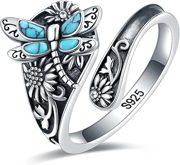 EJALEN S925-Sterling-Silver Abalone Dragonfly-Turquoise Spoon Ring - Vintage Boho Sunflower Thumb Oxidized Wrap Rings Victorian Style Antique Floral Jewelry Gifts for Women