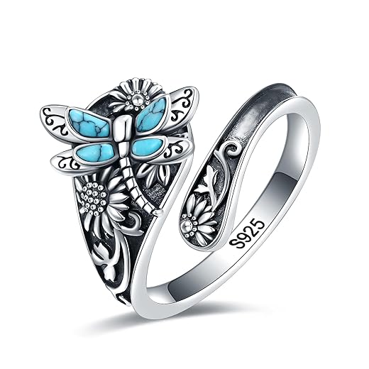 S925-Sterling-Silver Abalone Dragonfly-Turquoise Spoon Ring - Vintage Boho Sunflower Thumb Oxidized Wrap Rings Victorian Style Antique Floral Jewelry Gifts for Women