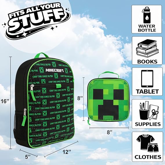 BIOWORLD Boys Minecraft Creeper Youth 5 Piece Backpack Set Green One Size