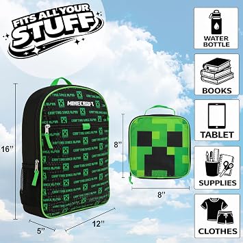 BIOWORLD Boys Minecraft Creeper Youth 5 Piece Backpack Set Green One Size