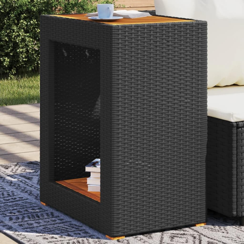 SXZenSpace Garden Side Table 60x40x75 cm Black PE Rattan with Acacia Wood Top, Small Outdoor Coffee Robust Steel Frame for Patio, Balcony, Backyard and Camping