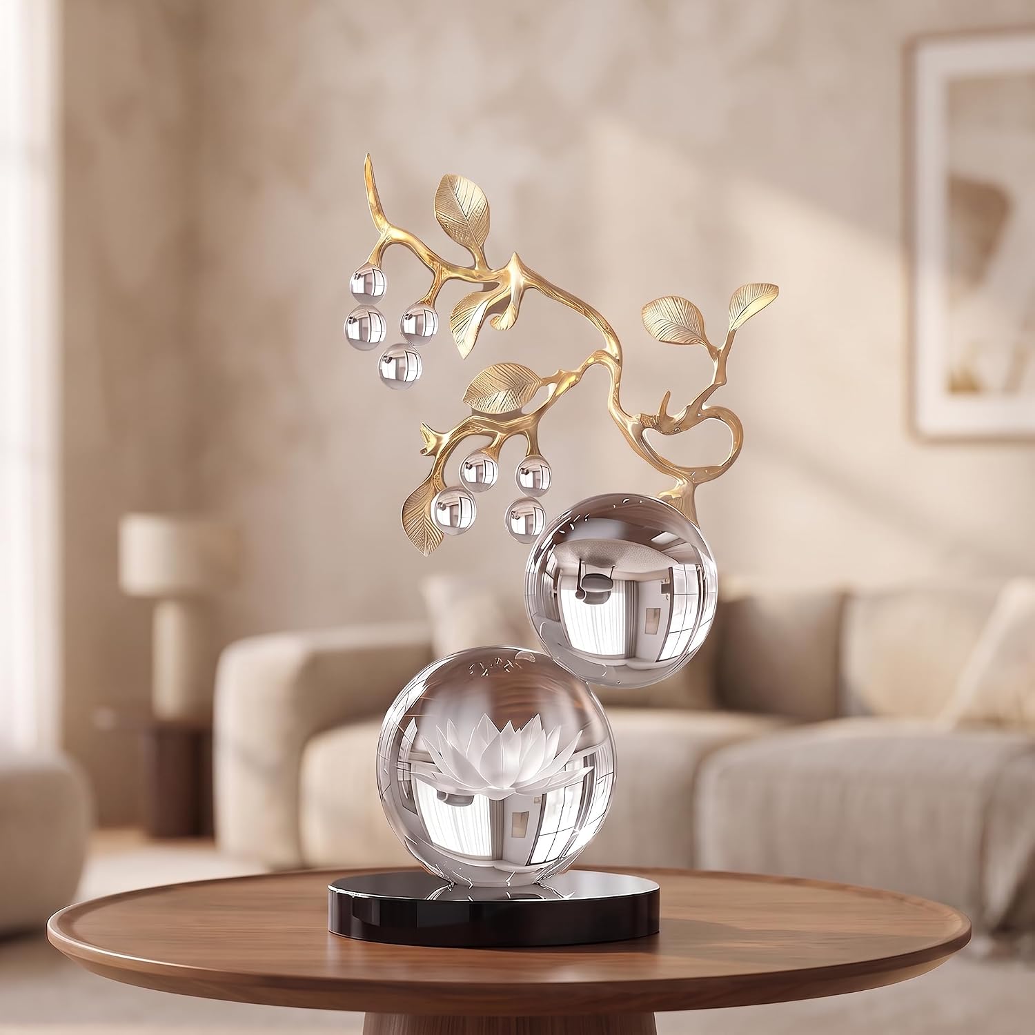Clear Glass Sculpture, Nature Inspired Decorative Statue with Gold Metal Branch - Minimalist Desk Sculpture Home Decor for Tabletop Living Room Shelf Desk Office - Unique Housewarming Gift