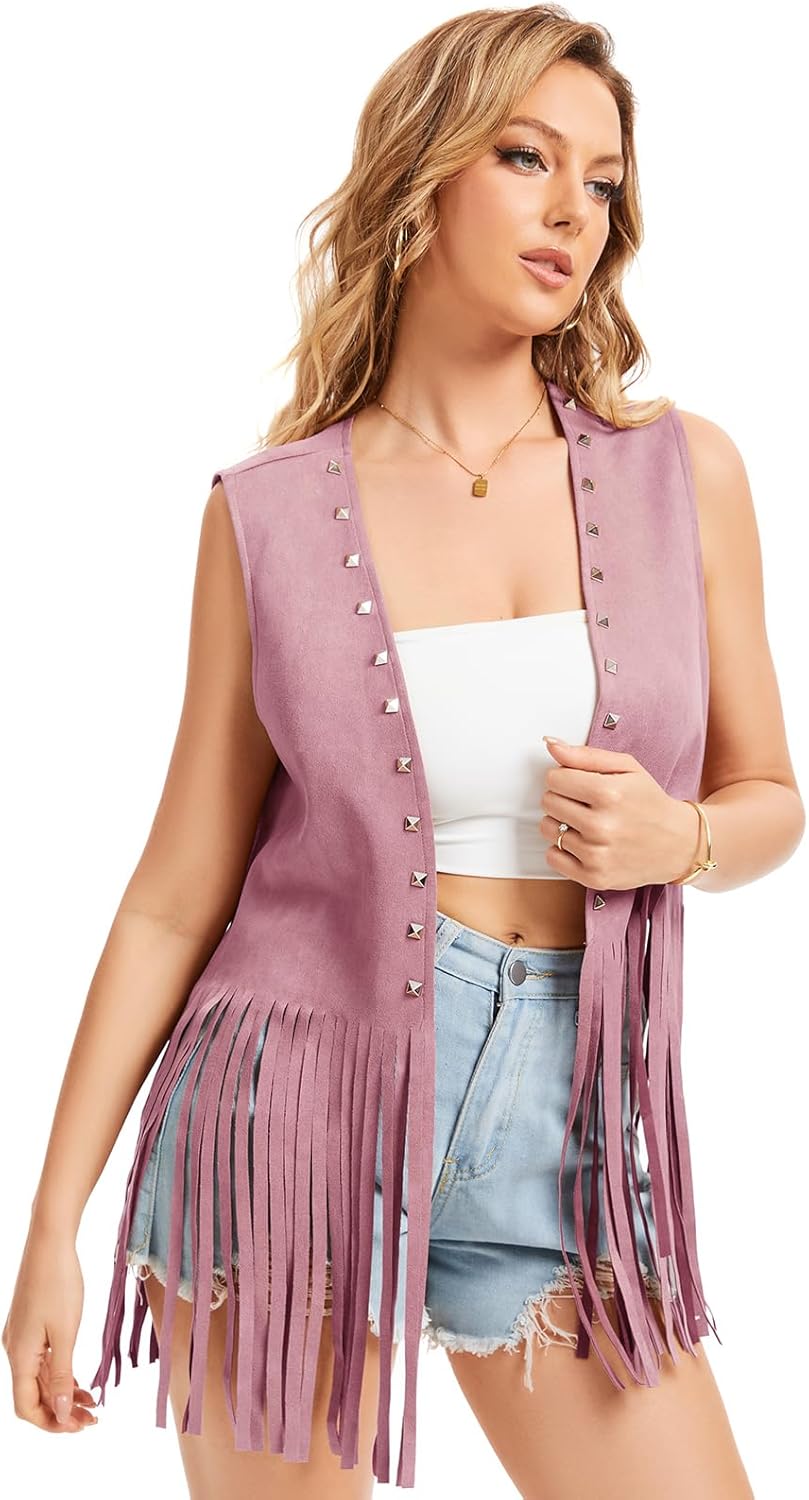 Women's Fringe Vest 60s 70s Hippie Vest Sleeveless Cowgirl Western Faux Suede rivet tassel denim jacket, Halloween - Image 2