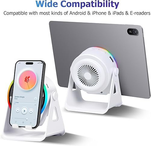 Miniatura 6 de Altavoz Bluetooth de Inducción Inalámbrica, 4 en 1 con Soporte para Teléfono Giratorio de 360° y Luz Ambiental RGB, Sonido Envolvente de Alta Blanco