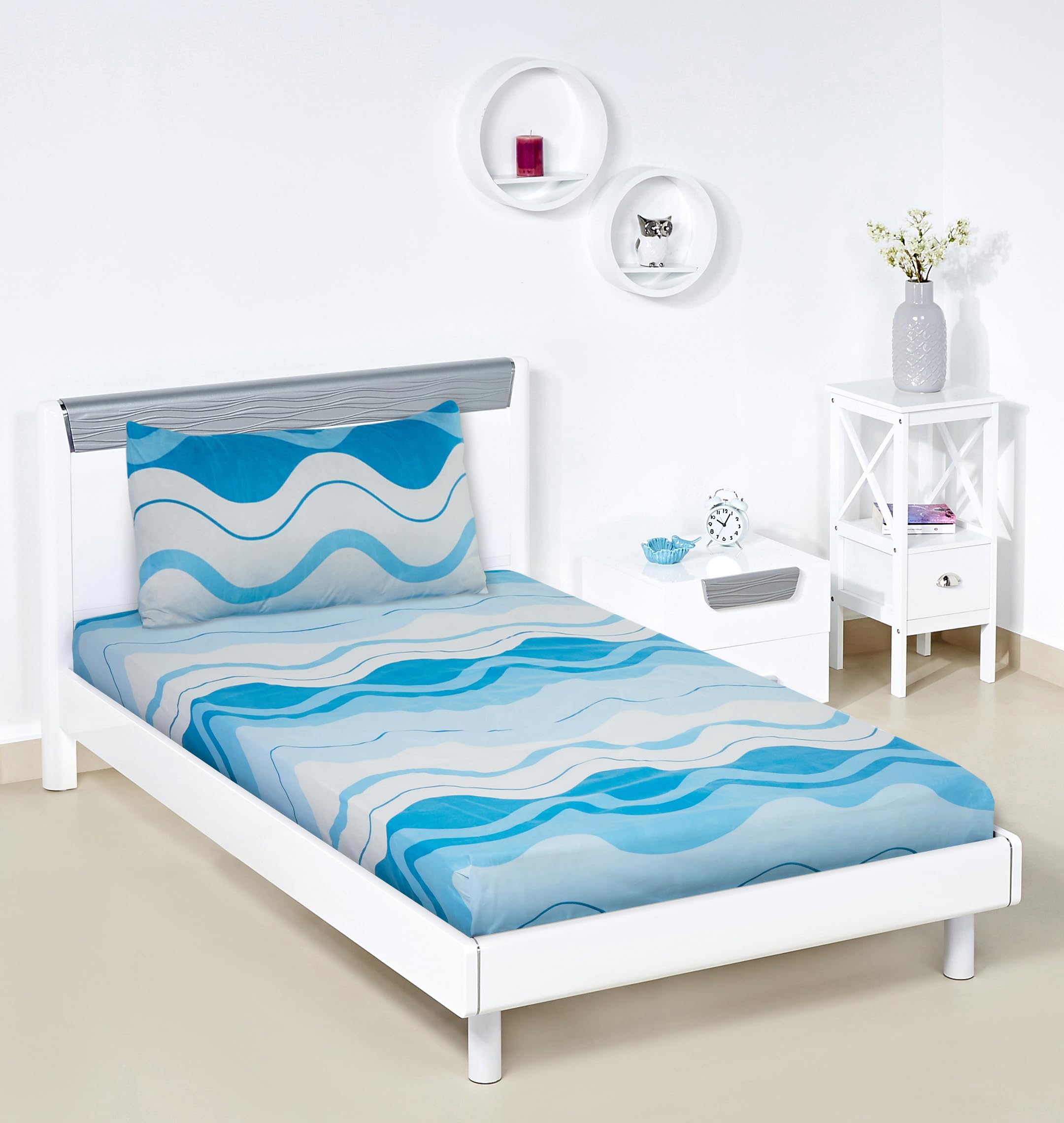 Amazon Brand - Solimo Cyan Waves Single Bedsheet with 1 Pillow Covers - 120 GSM-Multi_Ewsbs69, 144 Tc, Polyester (B0CCDB16JT) Amazon Price History, Amazon Price Tracker